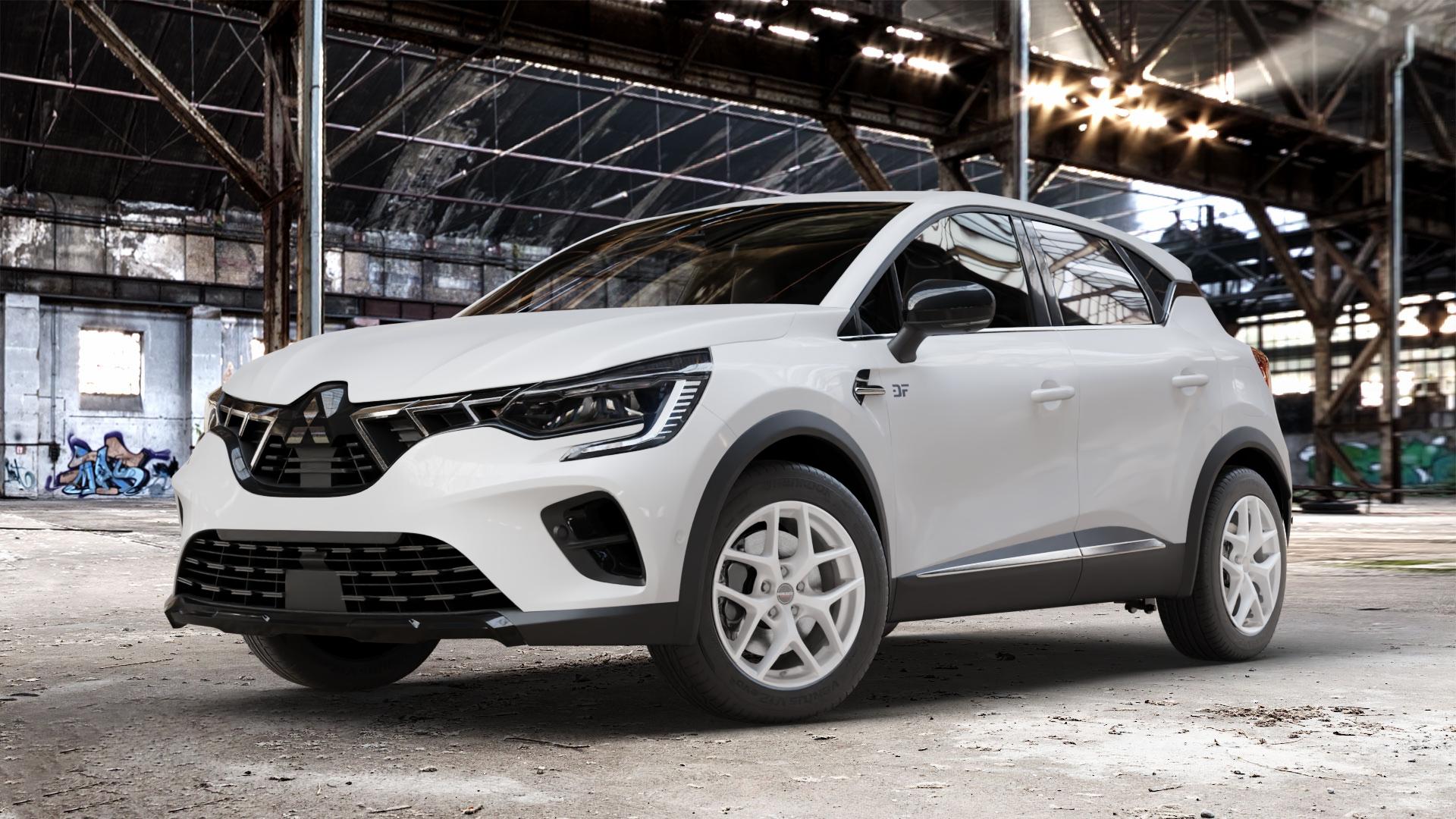 Borbet Y crystal silver Felge mit Reifen silber in 17Zoll Winterfelge Alufelge auf weissem Mitsubishi ASX Typ RJB ⬇️ mit 15mm Tieferlegung ⬇️ Old Industrial Hall_max_4400mm_2024 Frontansicht_1