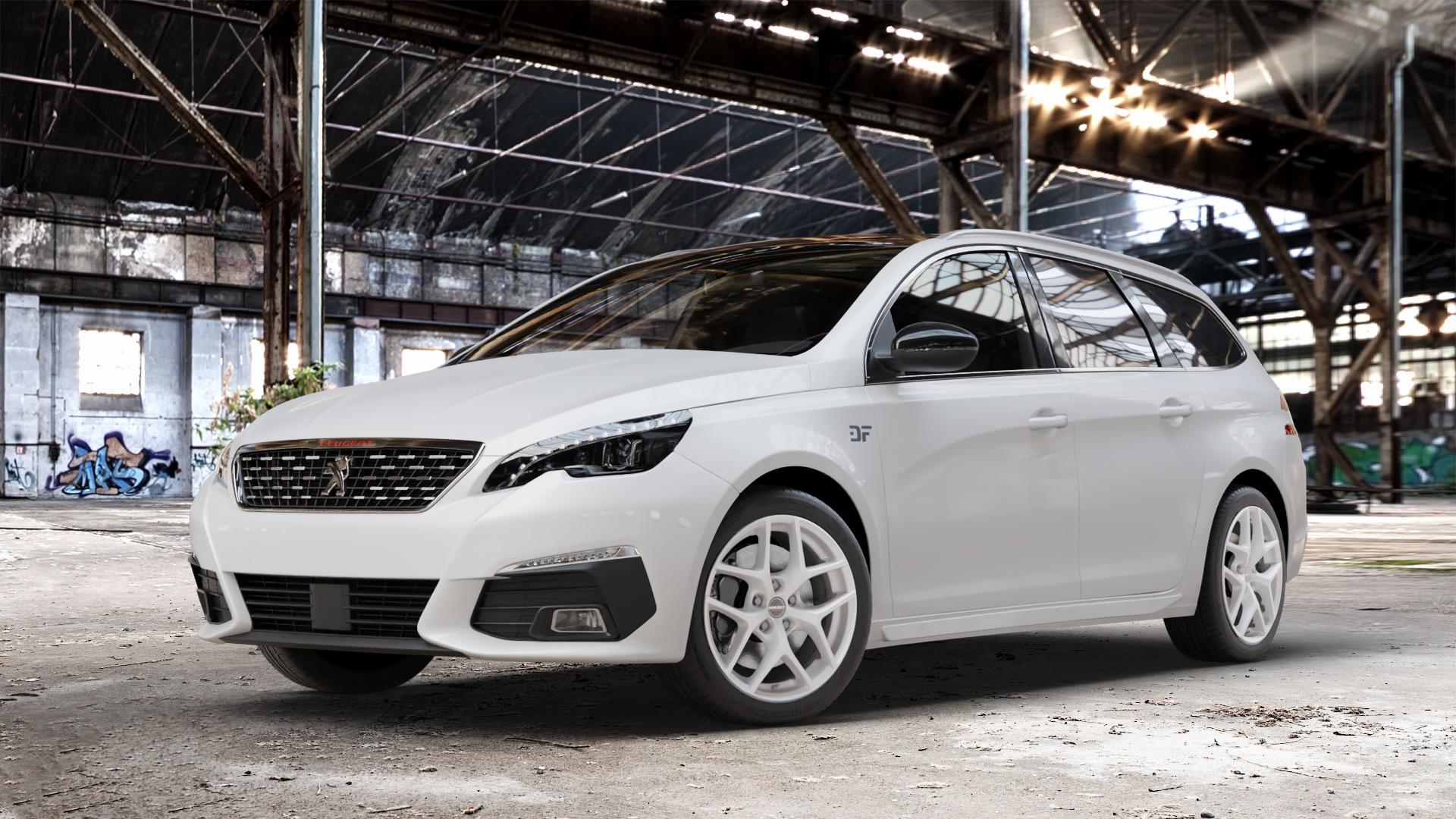 Borbet Y crystal silver Felge mit Reifen silber in 17Zoll Winterfelge Alufelge auf weissem Peugeot 308 SW II Typ L Facelift ⬇️ mit 15mm Tieferlegung ⬇️ Old Industrial Hall_max_4400mm_2024 Frontansicht_1
