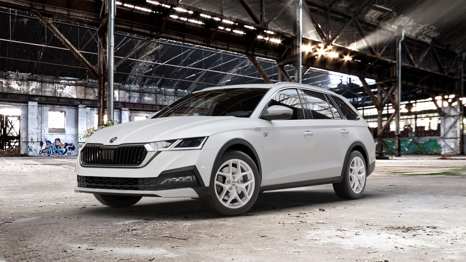 Borbet Y crystal silver Felge mit Reifen silber in 17Zoll Winterfelge Alufelge auf weissem Skoda Octavia IV Scout Typ NX ⬇️ mit 15mm Tieferlegung ⬇️ Old Industrial Hall_max_5300mm_2024 Frontansicht_1