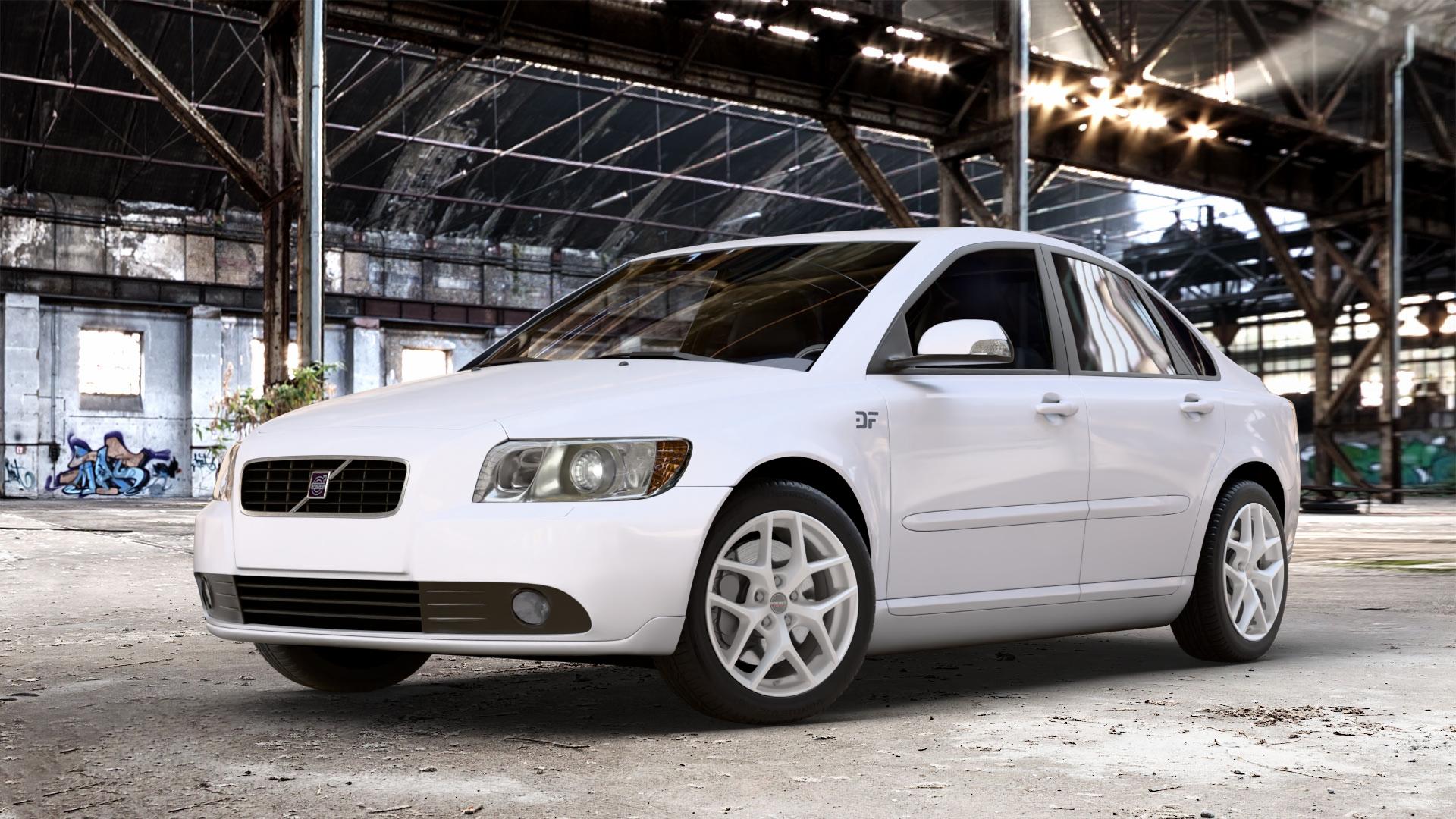 Borbet Y crystal silver Felge mit Reifen silber in 17Zoll Winterfelge Alufelge auf weissem Volvo S40 II Typ M ⬇️ mit 15mm Tieferlegung ⬇️ Old Industrial Hall_max_4400mm_2024 Frontansicht_1