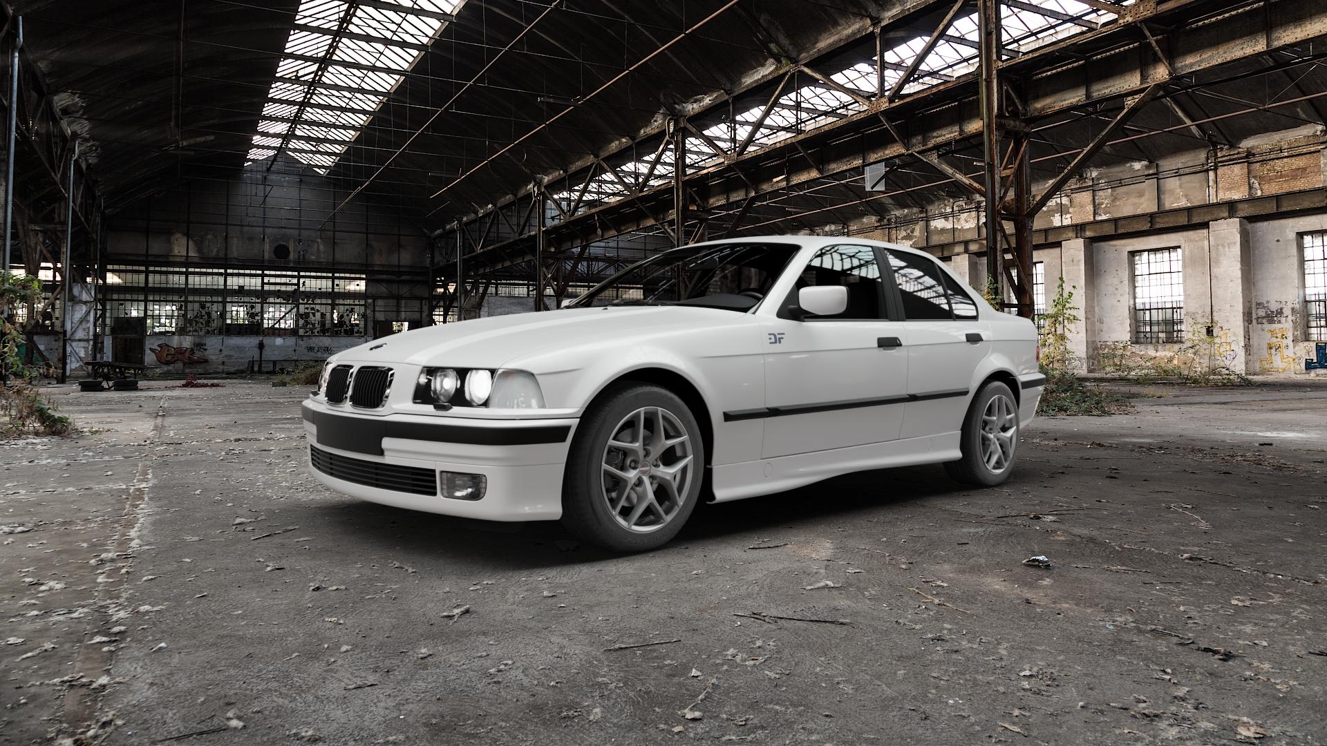 Borbet Y titan matt Felge mit Reifen grau in 16Zoll Winterfelge Alufelge auf weissem BMW 318is Typ E36 (Limousine) 316i 318i 320i 323i 325i 328i 325td 325tds 318tds 3er Limousine (3C, 3/C) ⬇️ mit 15mm Tieferlegung ⬇️ Old Industrial Hall_max5000mm_2022 Frontansicht_1