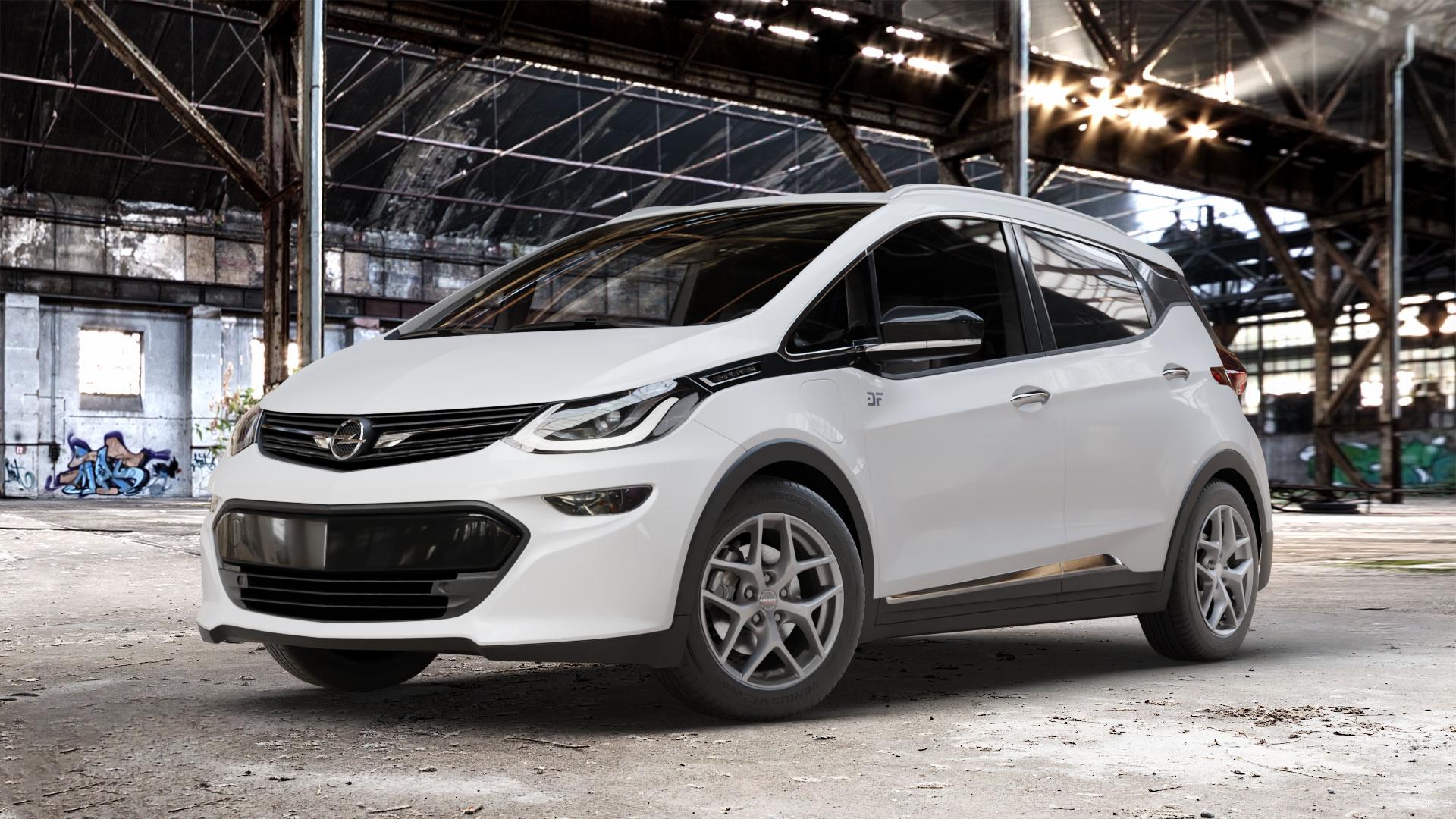 Borbet Y titan matt Felge mit Reifen grau in 16Zoll Winterfelge Alufelge auf weissem Opel Ampera-e Typ 1G0F Ampera ⬇️ mit 15mm Tieferlegung ⬇️ Old Industrial Hall_max_4400mm_2024 Frontansicht_1