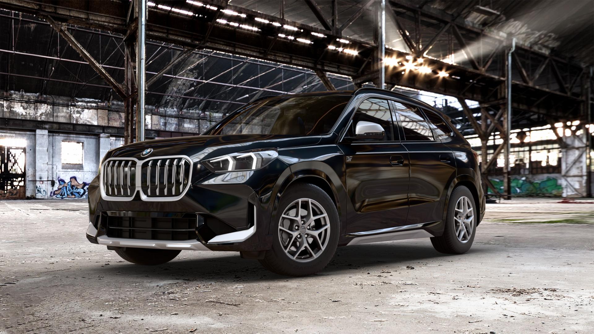 Borbet Y titan matt Felge mit Reifen grau in 17Zoll Winterfelge Alufelge auf schwarzem metallic BMW X1 Typ U11 (U1X) ⬇️ mit 15mm Tieferlegung ⬇️ Old Industrial Hall_max_5300mm_2024 Frontansicht_1