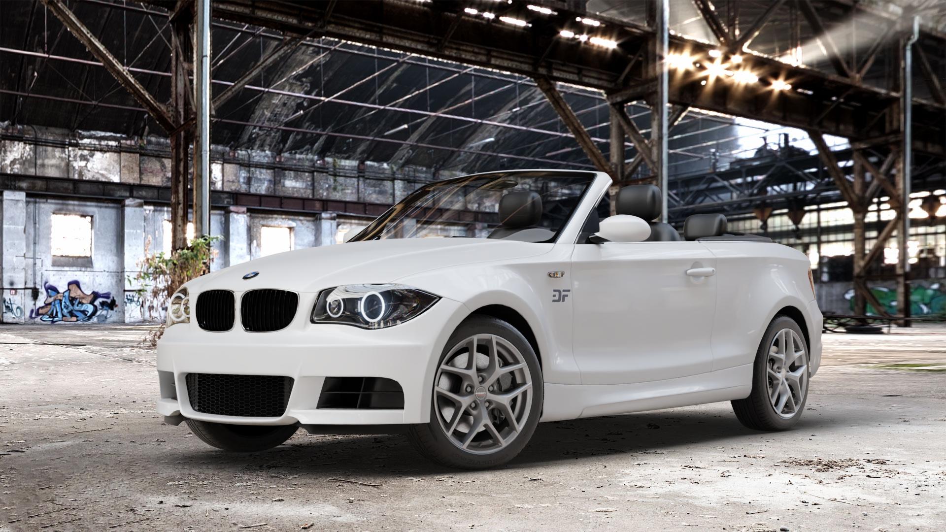 Borbet Y titan matt Felge mit Reifen grau in 17Zoll Winterfelge Alufelge auf weissem BMW 118i Typ E88 (Cabriolet) 120d 120i 125i 135i 123d 118d 1er Cabrio (182, 1C) ⬇️ mit 15mm Tieferlegung ⬇️ Old Industrial Hall_max_4400mm_2024 Frontansicht_1