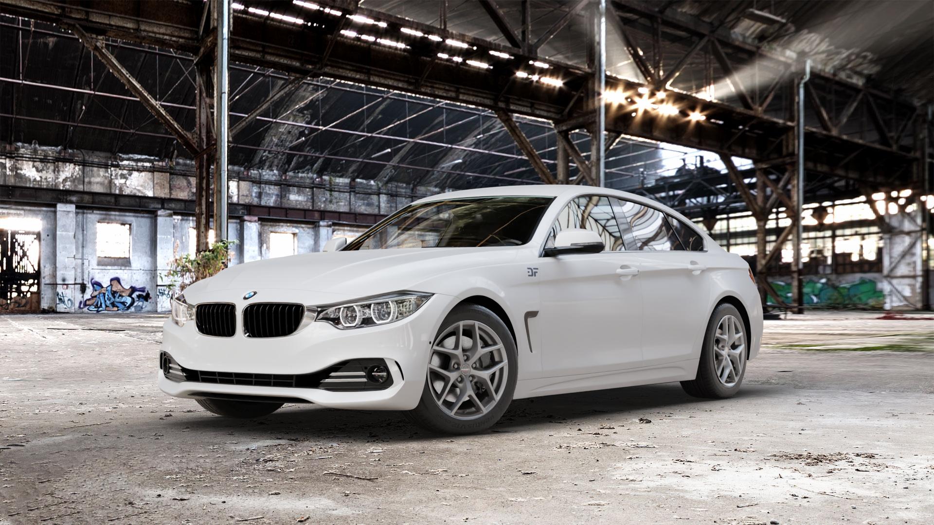 Borbet Y titan matt Felge mit Reifen grau in 17Zoll Winterfelge Alufelge auf weissem BMW 418d Typ F36 (Gran Coupe) 420d xDrive 420i 428i 435i 430d 440i 418i 430i 425d 4er Gran Coupe (3C) ⬇️ mit 15mm Tieferlegung ⬇️ Old Industrial Hall_max_5300mm_2024 Frontansicht_1