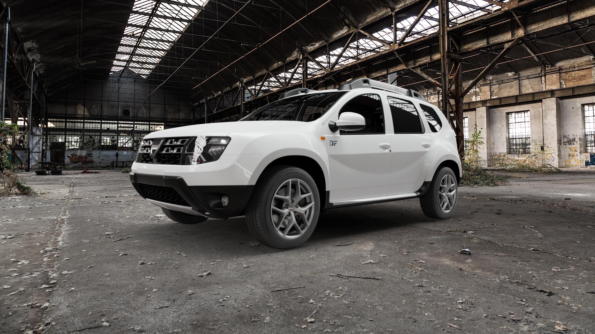 Borbet Y titan matt Felge mit Reifen grau in 17Zoll Winterfelge Alufelge auf weissem Dacia Duster Typ SD ⬇️ mit 15mm Tieferlegung ⬇️ Old Industrial Hall_max5000mm_2022 Frontansicht_1