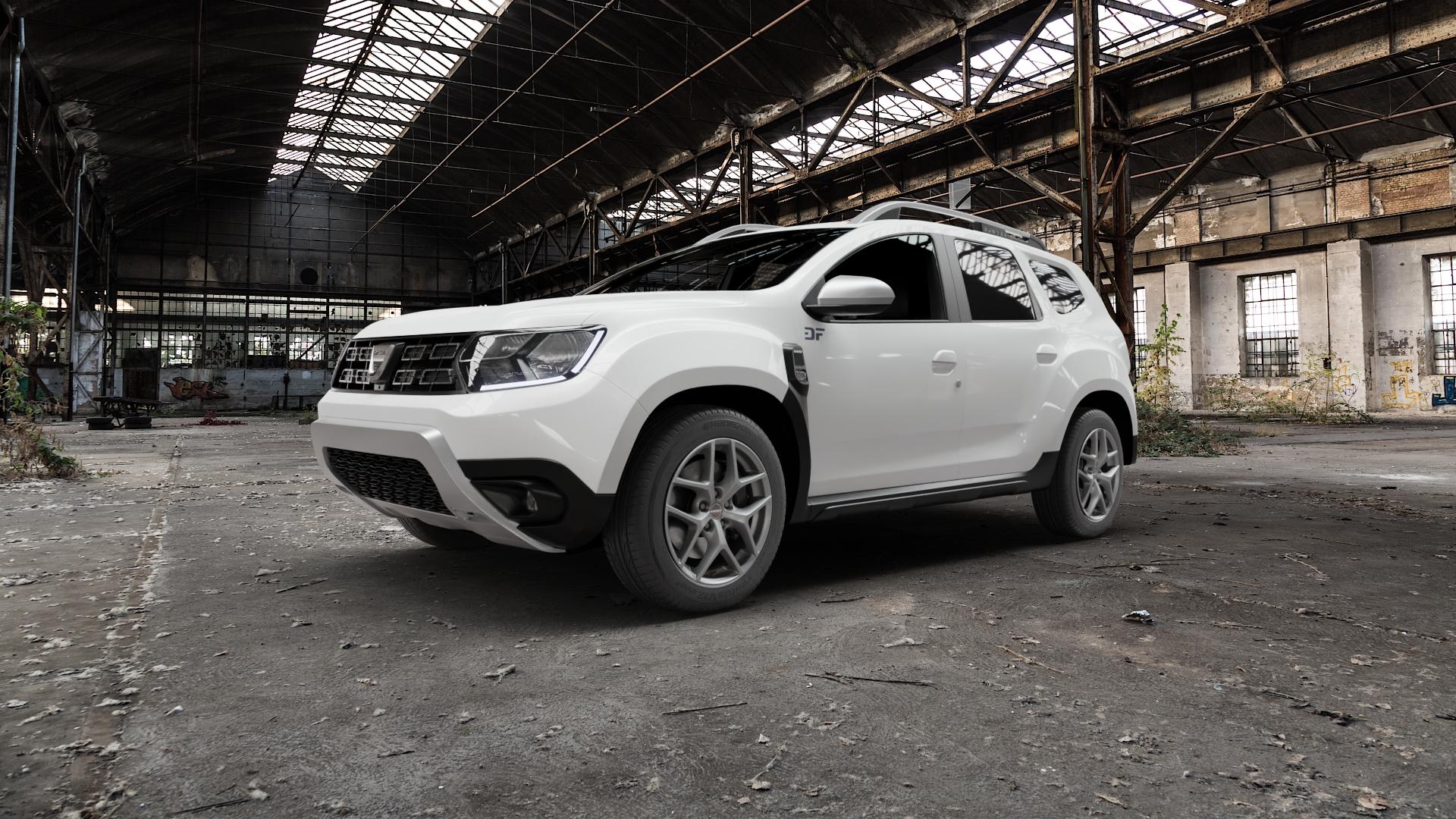 Borbet Y titan matt Felge mit Reifen grau in 17Zoll Winterfelge Alufelge auf weissem Dacia Duster Typ SR ⬇️ mit 15mm Tieferlegung ⬇️ Old Industrial Hall_max5000mm_2022 Frontansicht_1