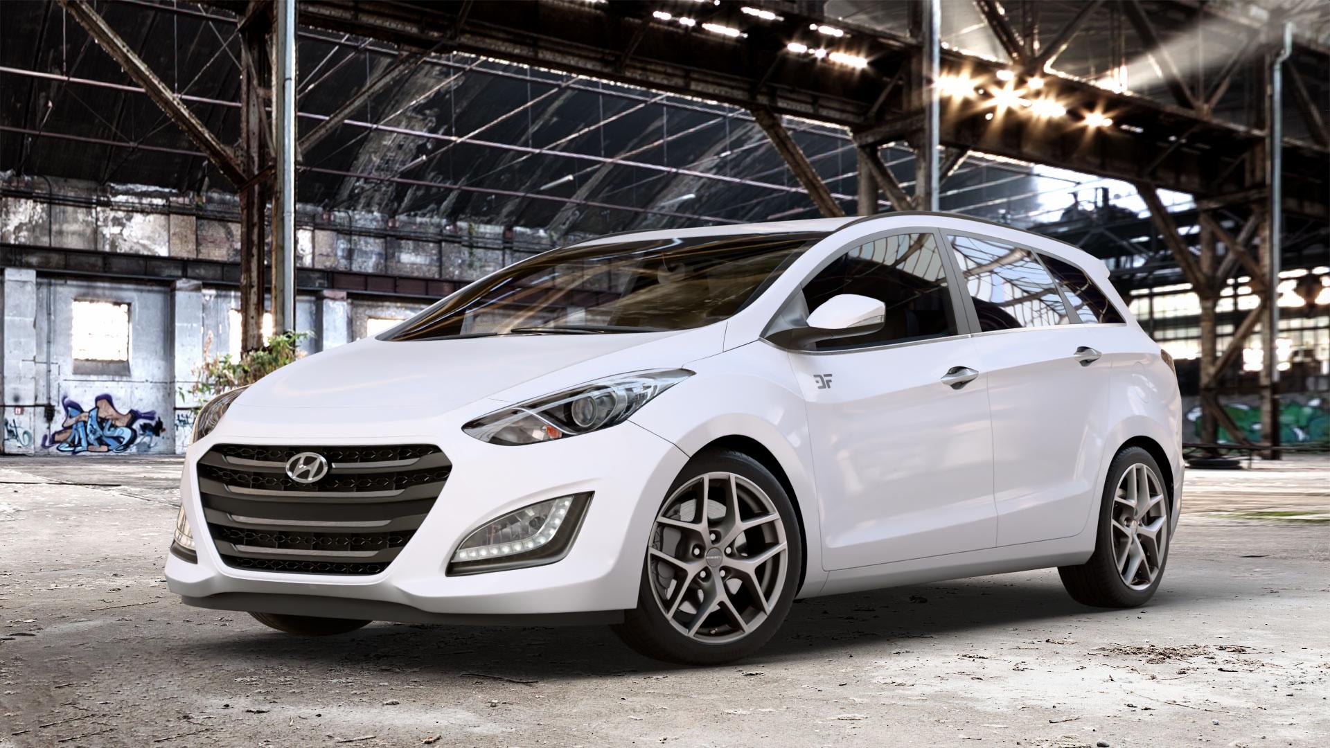 Borbet Y titan matt Felge mit Reifen grau in 17Zoll Winterfelge Alufelge auf weissem Hyundai i30 Typ FDH Kombi GDH Facelift ⬇️ mit 15mm Tieferlegung ⬇️ Old Industrial Hall_max_4400mm_2024 Frontansicht_1