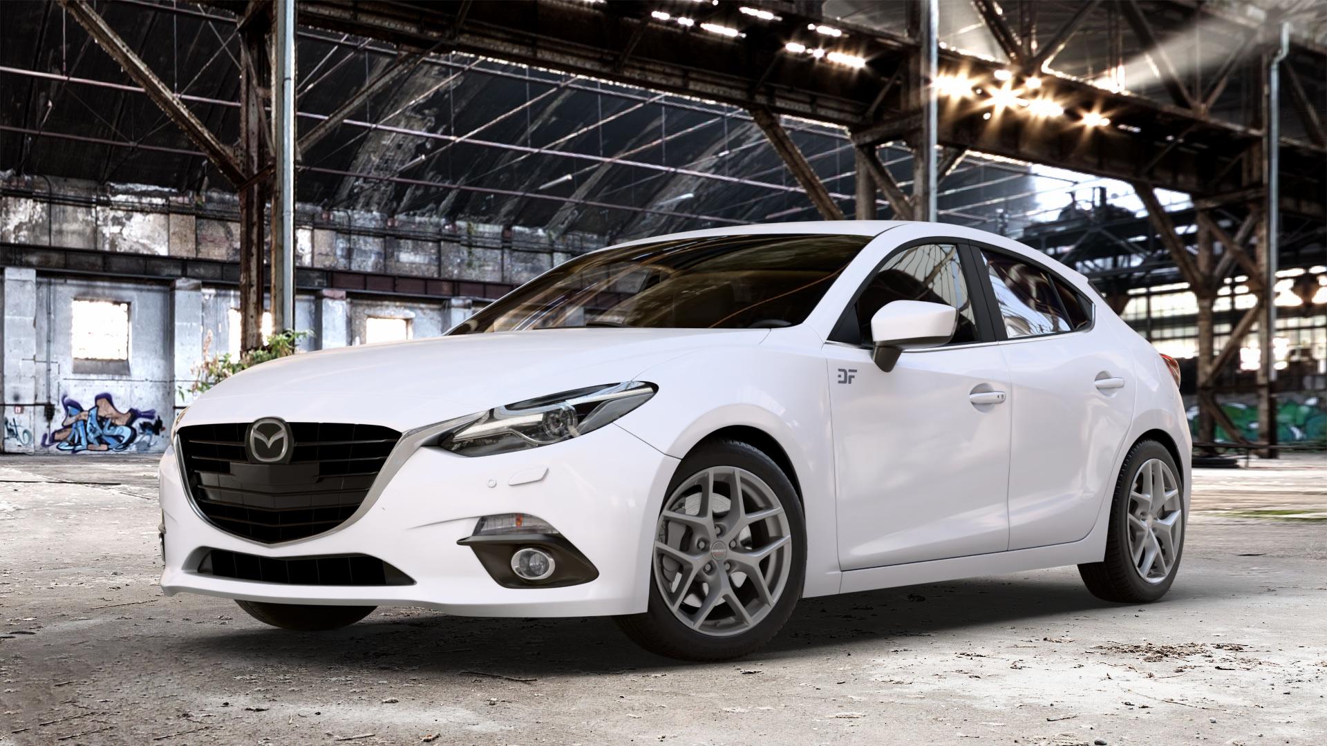 Borbet Y titan matt Felge mit Reifen grau in 17Zoll Winterfelge Alufelge auf weissem Mazda 3 (13-) Stufenheck (BM) Sport (17-) Facelift Fließheck ⬇️ mit 15mm Tieferlegung ⬇️ Old Industrial Hall_max_4400mm_2024 Frontansicht_1