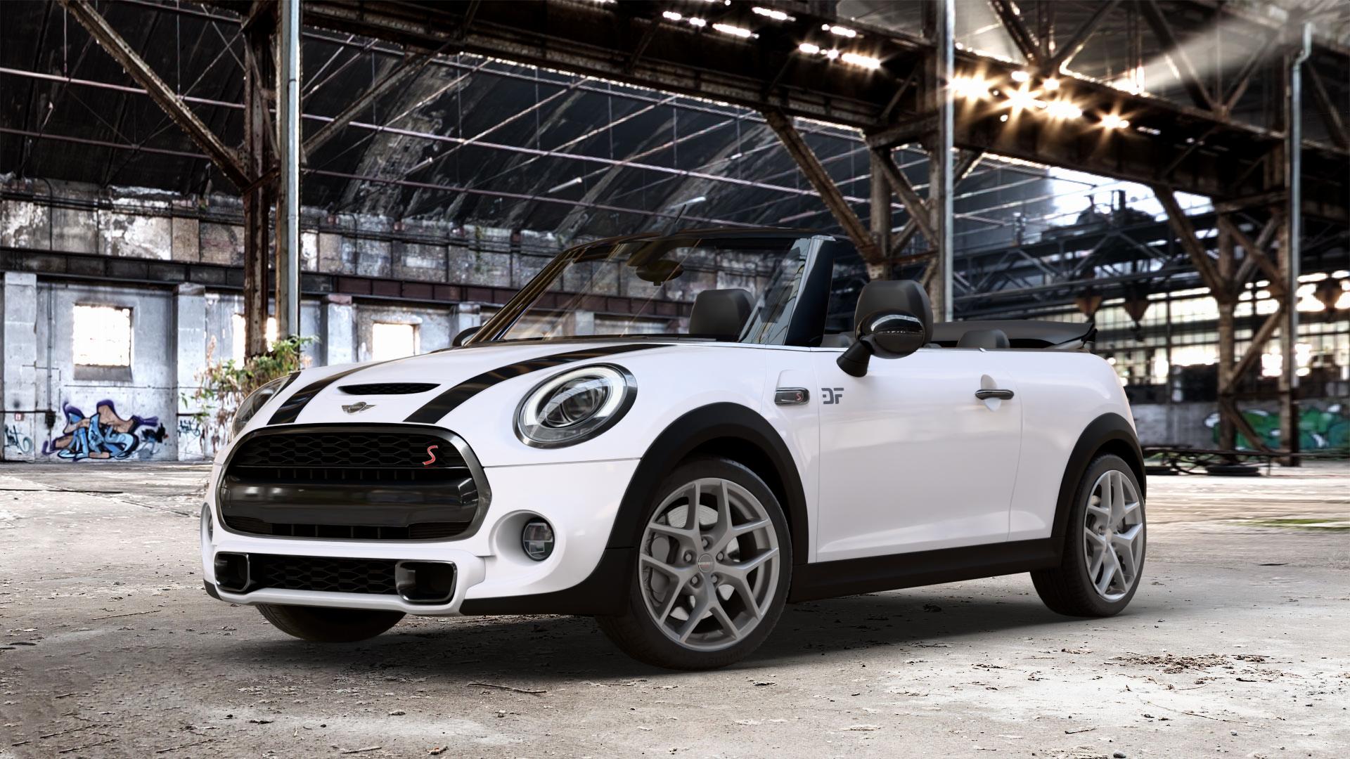 Borbet Y titan matt Felge mit Reifen grau in 17Zoll Winterfelge Alufelge auf weissem Mini F57 Typ UKL-L (Cabriolet) 2,0l Cooper S 141kW (192 PS) SD 125kW (170 JCW 170kW (231 FMCA 155kW (211 120kW (163 Facelift ⬇️ mit 15mm Tieferlegung ⬇️ Old Industrial Hall_max_4400mm_2024 Frontansicht_1