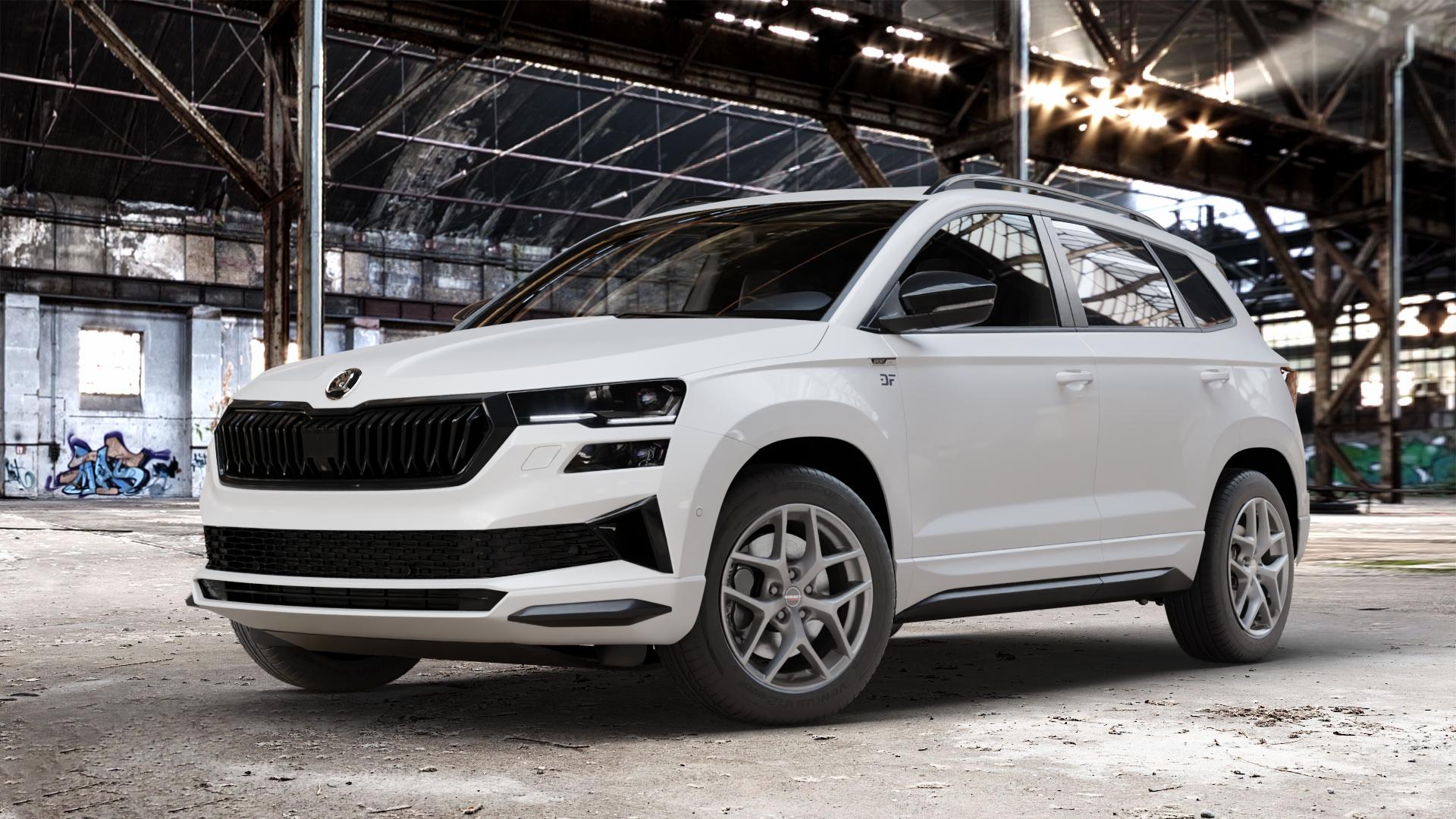 Borbet Y titan matt Felge mit Reifen grau in 17Zoll Winterfelge Alufelge auf weissem Skoda Karoq Typ NU Facelift ⬇️ mit 15mm Tieferlegung ⬇️ Old Industrial Hall_max_4400mm_2024 Frontansicht_1