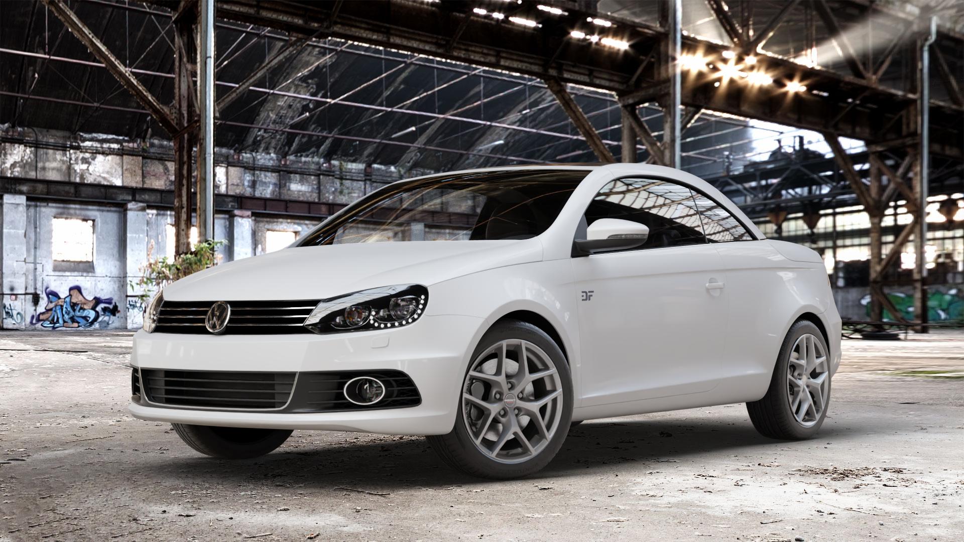 Borbet Y titan matt Felge mit Reifen grau in 17Zoll Winterfelge Alufelge auf weissem Volkswagen (VW) Eos Facelift ⬇️ mit 15mm Tieferlegung ⬇️ Old Industrial Hall_max_4400mm_2024 Frontansicht_1