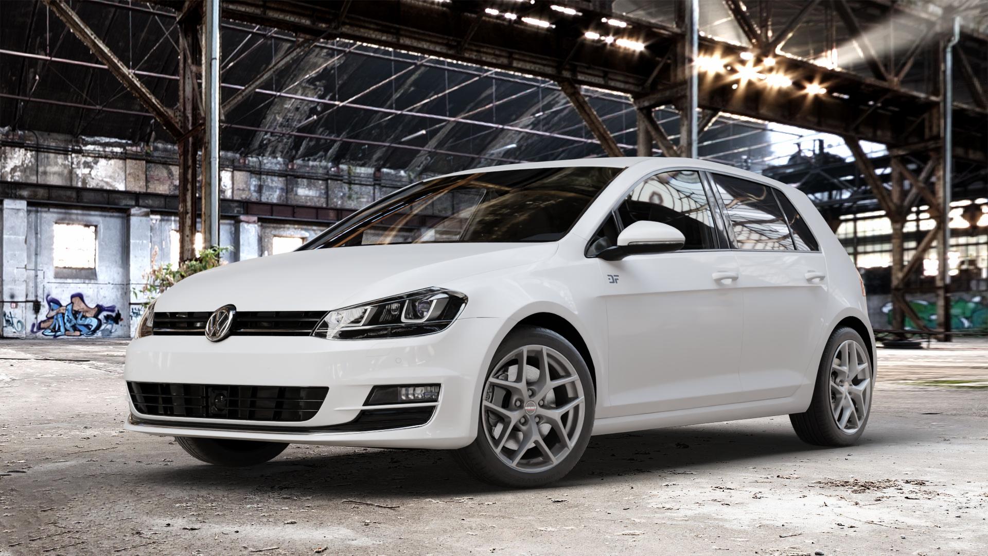 Borbet Y titan matt Felge mit Reifen grau in 17Zoll Winterfelge Alufelge auf weissem Volkswagen (VW) Golf 7 ⬇️ mit 15mm Tieferlegung ⬇️ Old Industrial Hall_max_4400mm_2024 Frontansicht_1