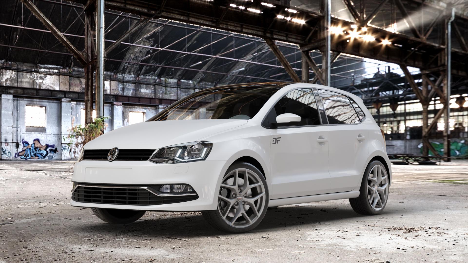 Borbet Y titan matt Felge mit Reifen grau in 17Zoll Winterfelge Alufelge auf weissem Volkswagen (VW) Polo V Typ 6C ⬇️ mit 15mm Tieferlegung ⬇️ Old Industrial Hall_max_4400mm_2024 Frontansicht_1
