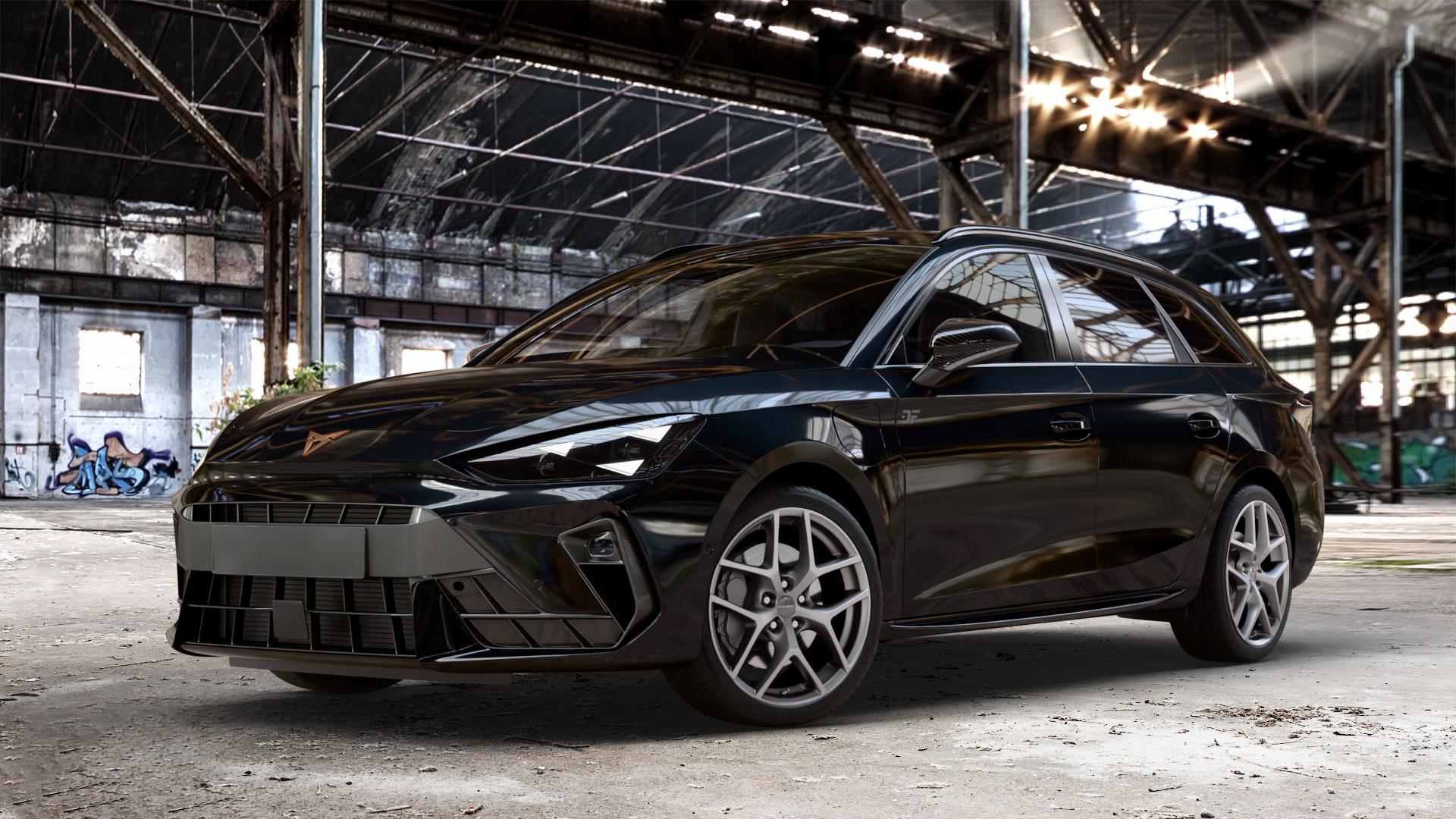 Borbet Y titan matt Felge mit Reifen grau in 18Zoll Winterfelge Alufelge auf metallic schwarzem Cupra Leon Typ KL ST Facelift ⬇️ mit 15mm Tieferlegung ⬇️ Old Industrial Hall_max_4400mm_2024 Frontansicht_1
