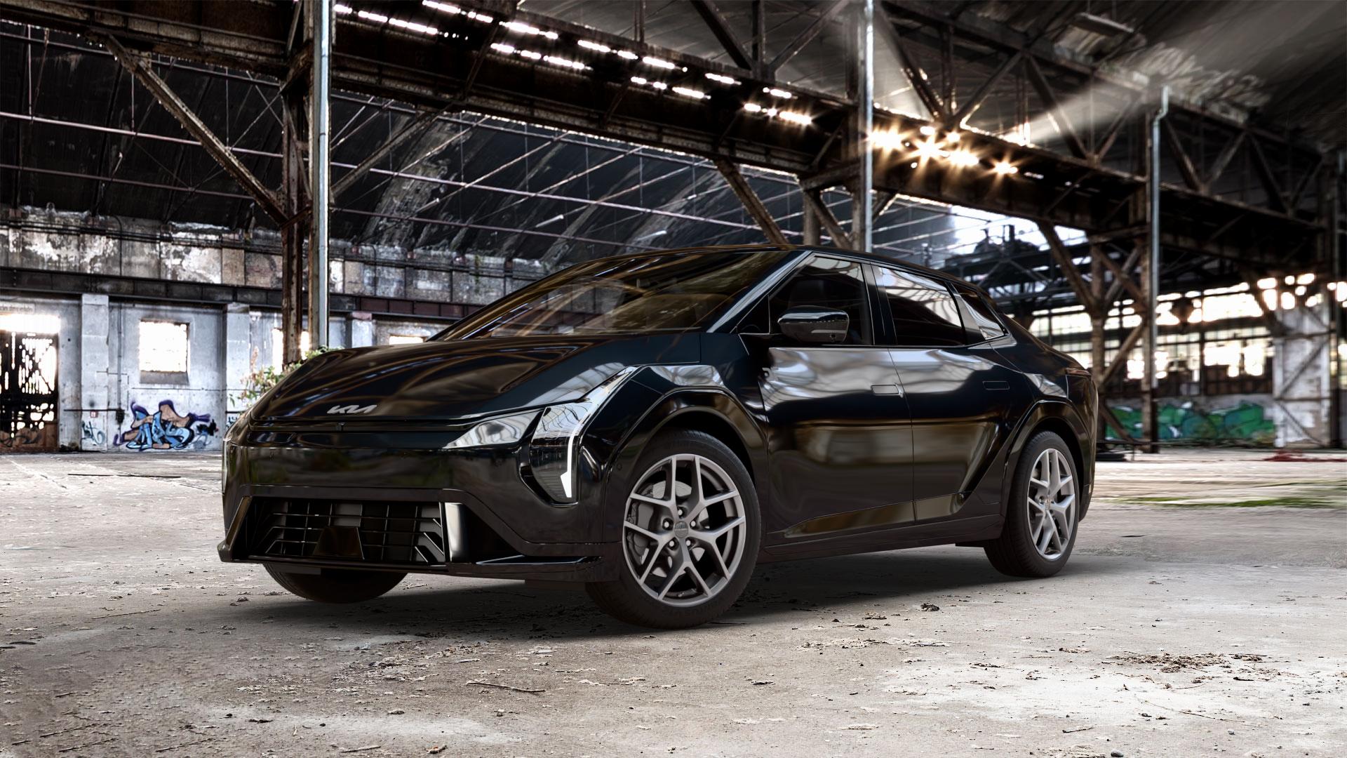 Borbet Y titan matt Felge mit Reifen grau in 18Zoll Winterfelge Alufelge auf schwarzem Kia EV4 Fastback Typ CT1 0,0l 50kW (68 PS) ⬇️ mit 15mm Tieferlegung ⬇️ Old Industrial Hall_max_5300mm_2024 Frontansicht_1