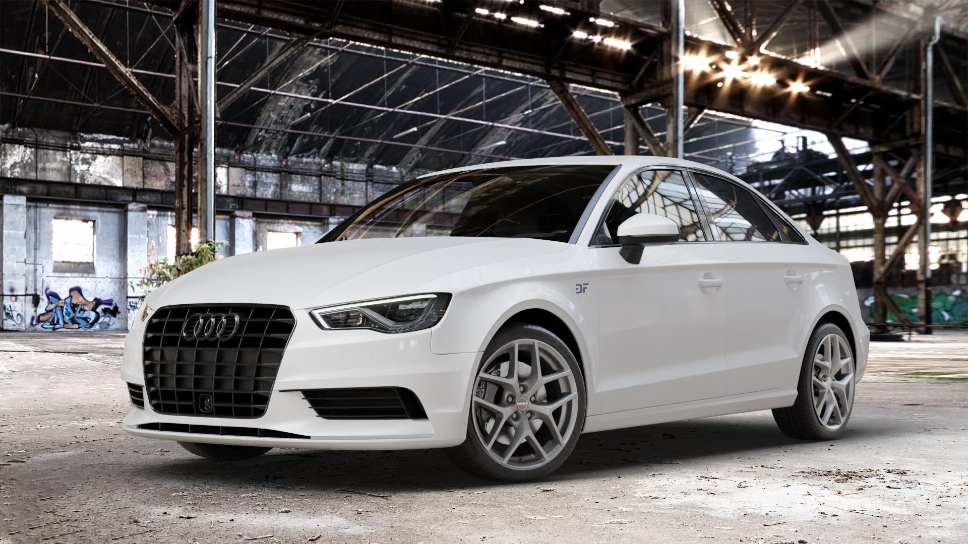 Borbet Y titan matt Felge mit Reifen grau in 18Zoll Winterfelge Alufelge auf weissem Audi A3 Typ 8V (Limousine) ⬇️ mit 15mm Tieferlegung ⬇️ Old Industrial Hall_max_4400mm_2024 Frontansicht_1