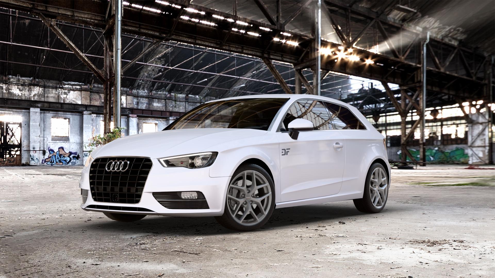 Borbet Y titan matt Felge mit Reifen grau in 18Zoll Winterfelge Alufelge auf weissem Audi A3 Typ 8V ⬇️ mit 15mm Tieferlegung ⬇️ Old Industrial Hall_max_5300mm_2024 Frontansicht_1