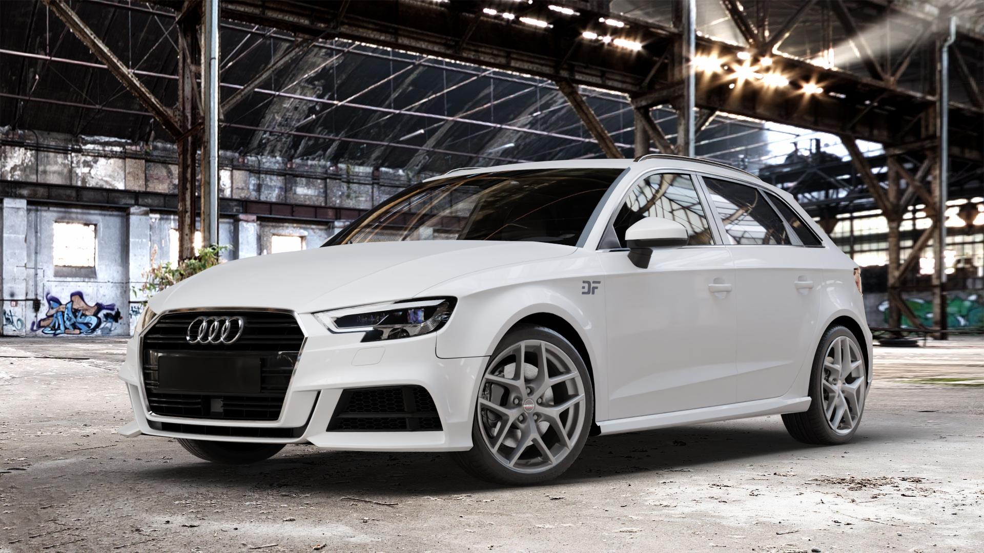Borbet Y titan matt Felge mit Reifen grau in 18Zoll Winterfelge Alufelge auf weissem Audi A3 Typ 8V (Sportback) Facelift ⬇️ mit 15mm Tieferlegung ⬇️ Old Industrial Hall_max_4400mm_2024 Frontansicht_1