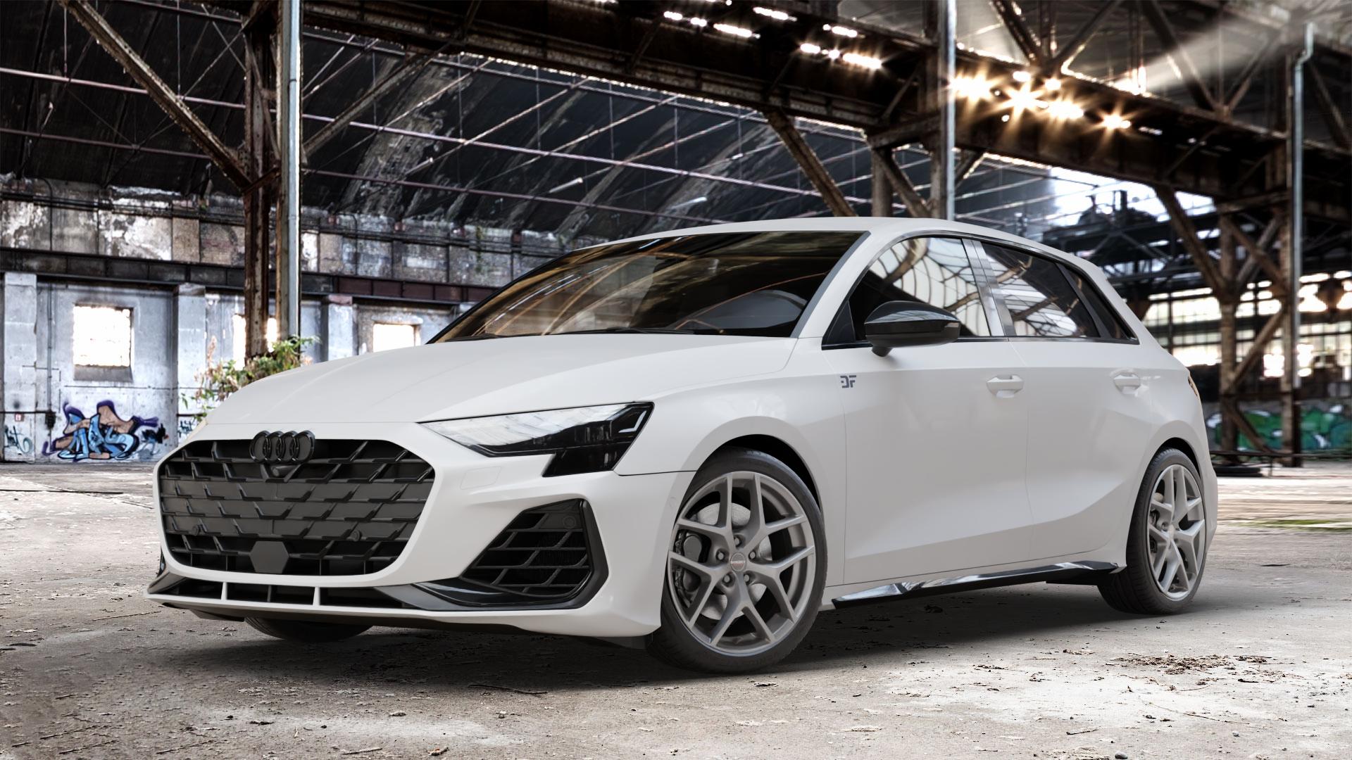 Borbet Y titan matt Felge mit Reifen grau in 18Zoll Winterfelge Alufelge auf weissem Audi A3 Typ GY (Sportback) Facelift 2,0l TFSI quattro 245kW S3 (333 PS) ⬇️ mit 15mm Tieferlegung ⬇️ Old Industrial Hall_max_4400mm_2024 Frontansicht_1