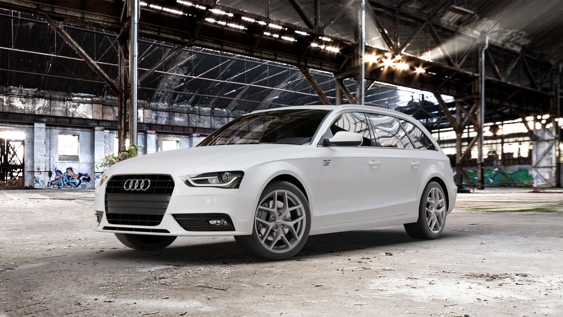 Borbet Y titan matt Felge mit Reifen grau in 18Zoll Winterfelge Alufelge auf weissem Audi A4 Typ 8K5/B8 (Avant) Facelift ⬇️ mit 15mm Tieferlegung ⬇️ Old Industrial Hall_max_5300mm_2024 Frontansicht_1