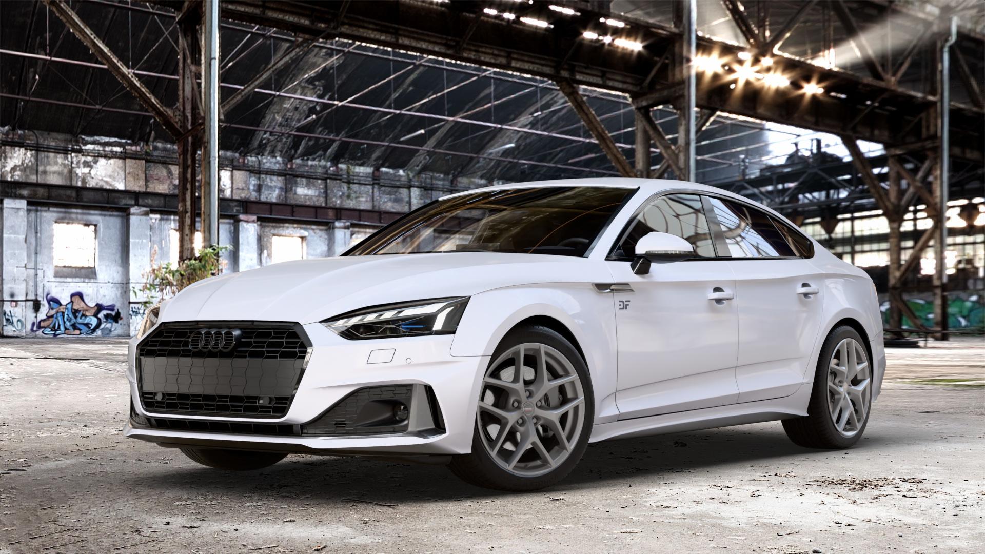Borbet Y titan matt Felge mit Reifen grau in 18Zoll Winterfelge Alufelge auf weissem Audi A5 Typ B9 (Sportback) Facelift ⬇️ mit 15mm Tieferlegung ⬇️ Old Industrial Hall_max_4400mm_2024 Frontansicht_1