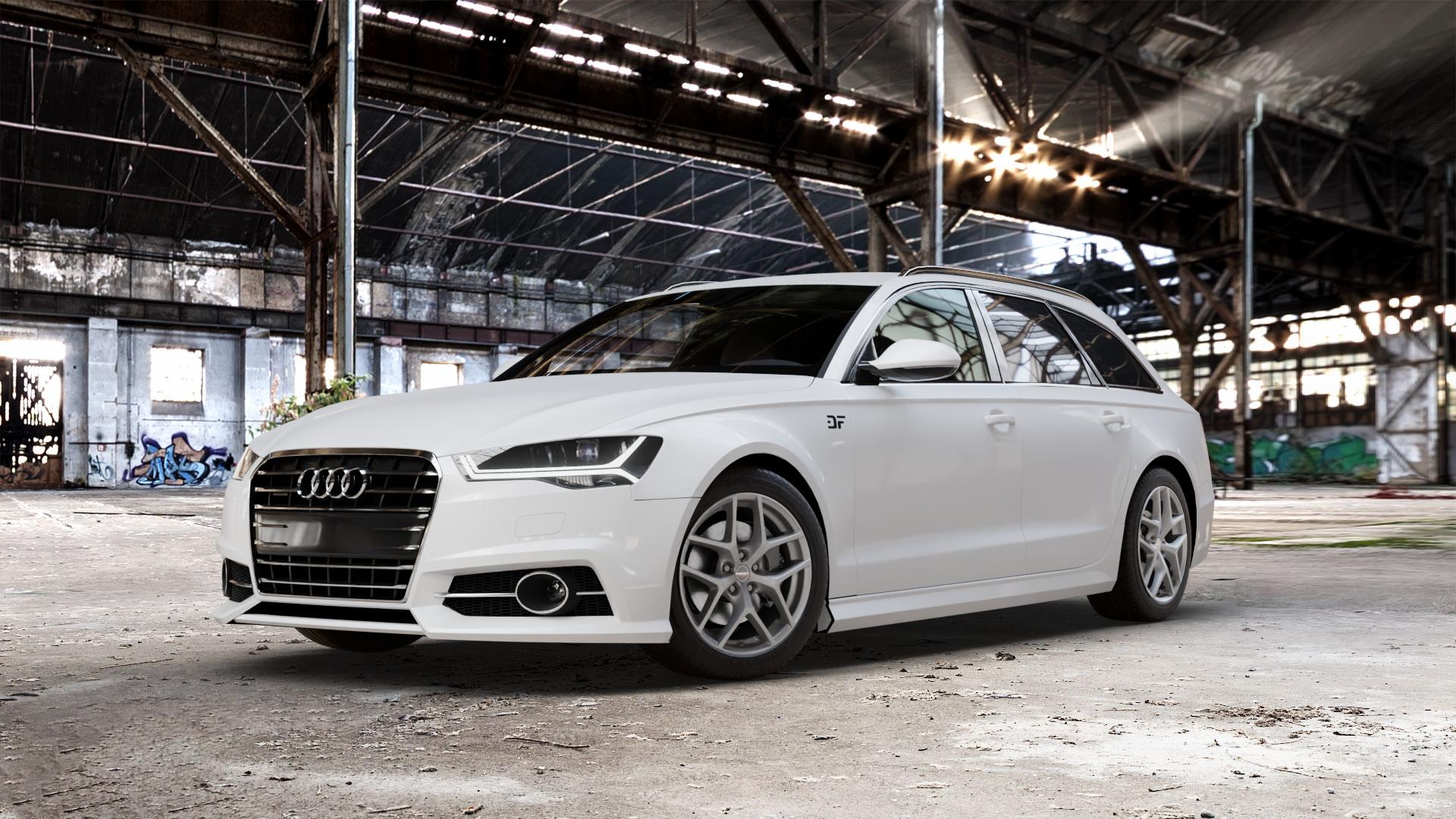 Borbet Y titan matt Felge mit Reifen grau in 18Zoll Winterfelge Alufelge auf weissem Audi A6 Typ 4G/C7 (Avant) Facelift ⬇️ mit 15mm Tieferlegung ⬇️ Old Industrial Hall_max_5300mm_2024 Frontansicht_1