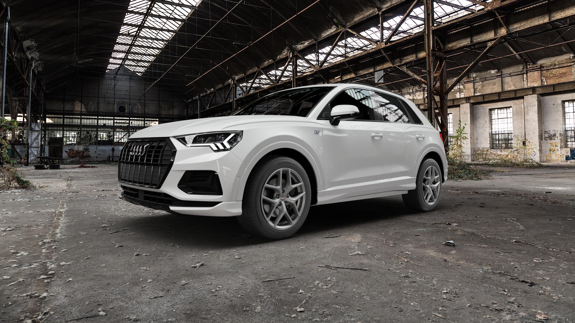 Borbet Y titan matt Felge mit Reifen grau in 18Zoll Winterfelge Alufelge auf weissem Audi Q3 II Sportback Typ F3 ⬇️ mit 15mm Tieferlegung ⬇️ Old Industrial Hall_max5000mm_2022 Frontansicht_1