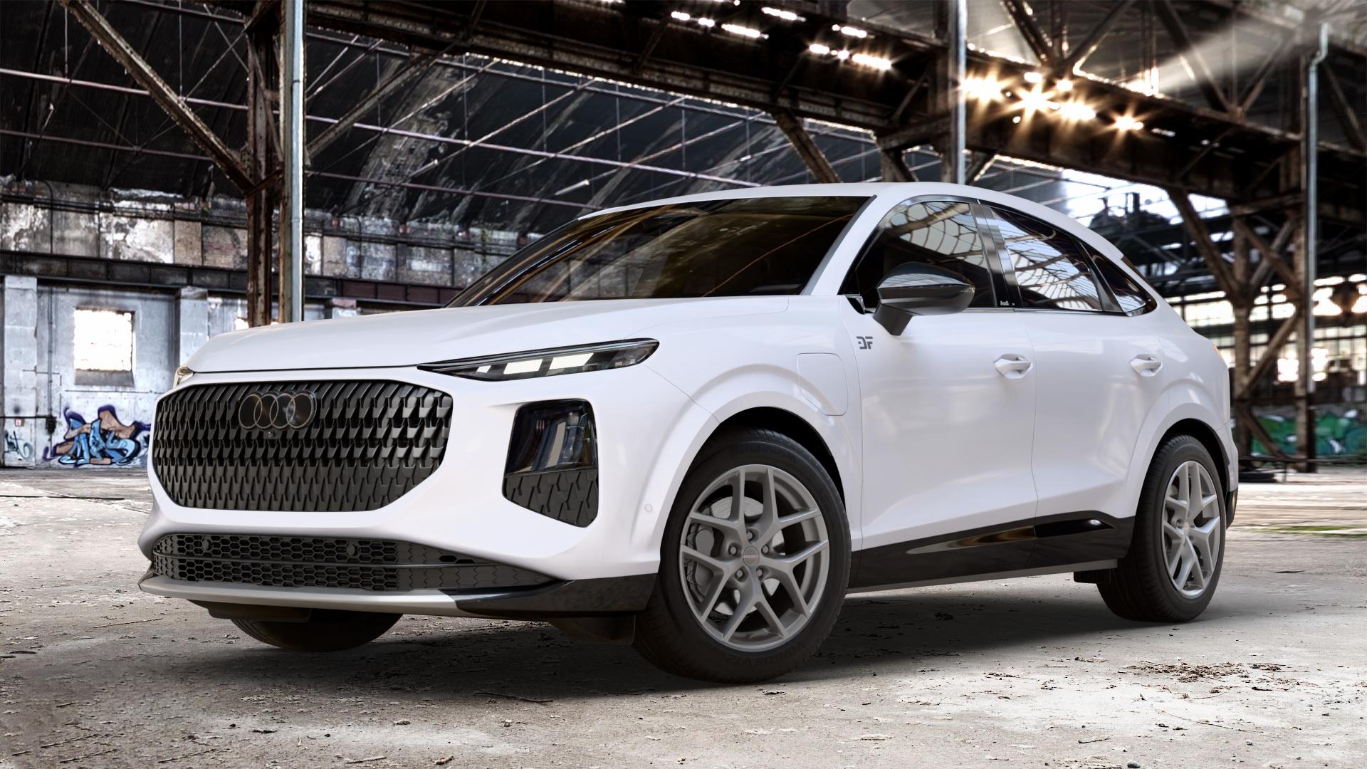 Borbet Y titan matt Felge mit Reifen grau in 18Zoll Winterfelge Alufelge auf weissem Audi Q3 III Sportback Typ FJ ⬇️ mit 15mm Tieferlegung ⬇️ Old Industrial Hall_max_4400mm_2024 Frontansicht_1