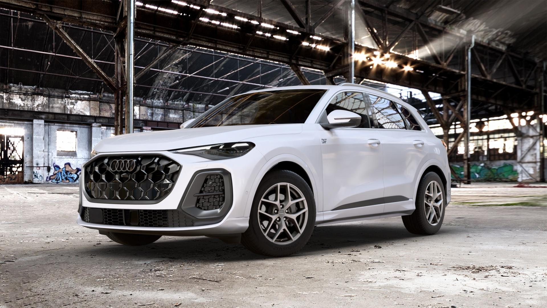 Borbet Y titan matt Felge mit Reifen grau in 18Zoll Winterfelge Alufelge auf weissem Audi Q5 III Typ GU (FY) ⬇️ mit 15mm Tieferlegung ⬇️ Old Industrial Hall_max_5300mm_2024 Frontansicht_1