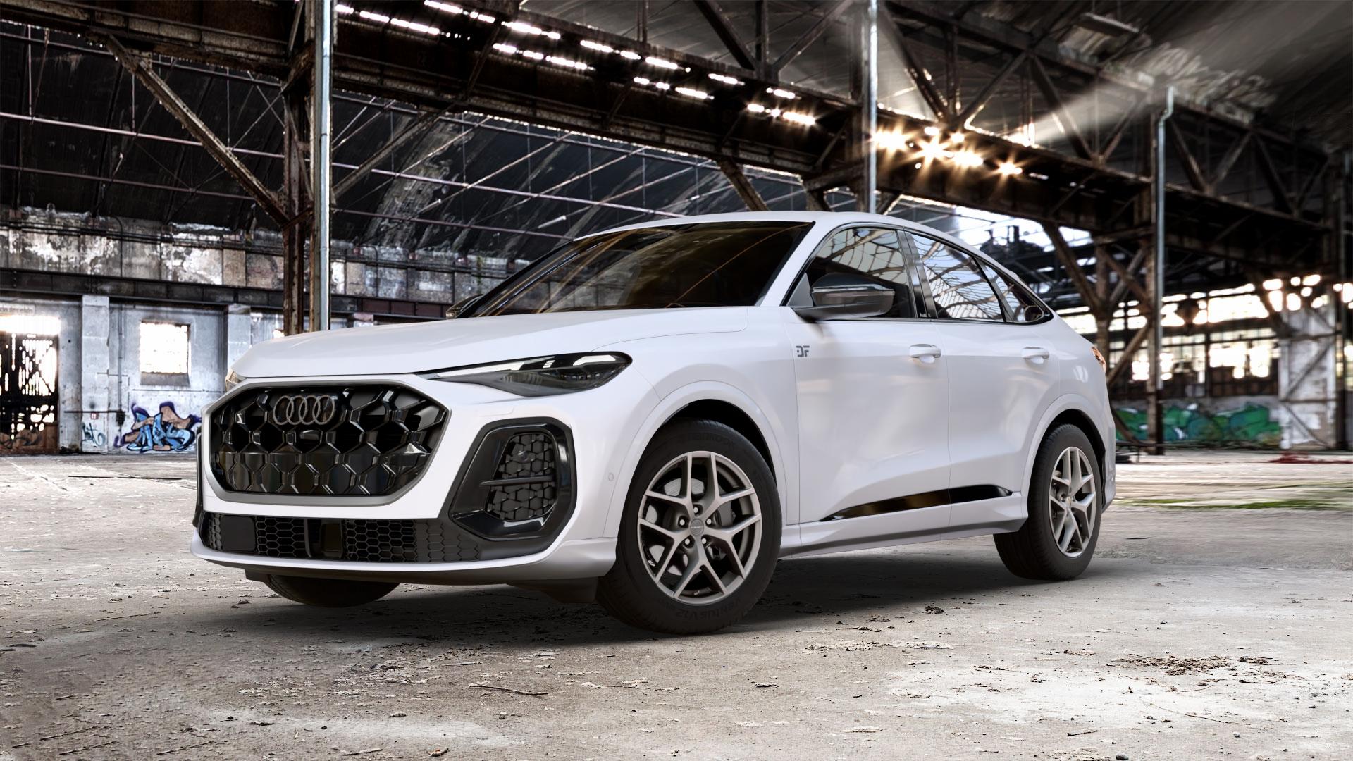 Borbet Y titan matt Felge mit Reifen grau in 18Zoll Winterfelge Alufelge auf weissem Audi Q5 III Typ GU (FY) Sportback ⬇️ mit 15mm Tieferlegung ⬇️ Old Industrial Hall_max_5300mm_2024 Frontansicht_1