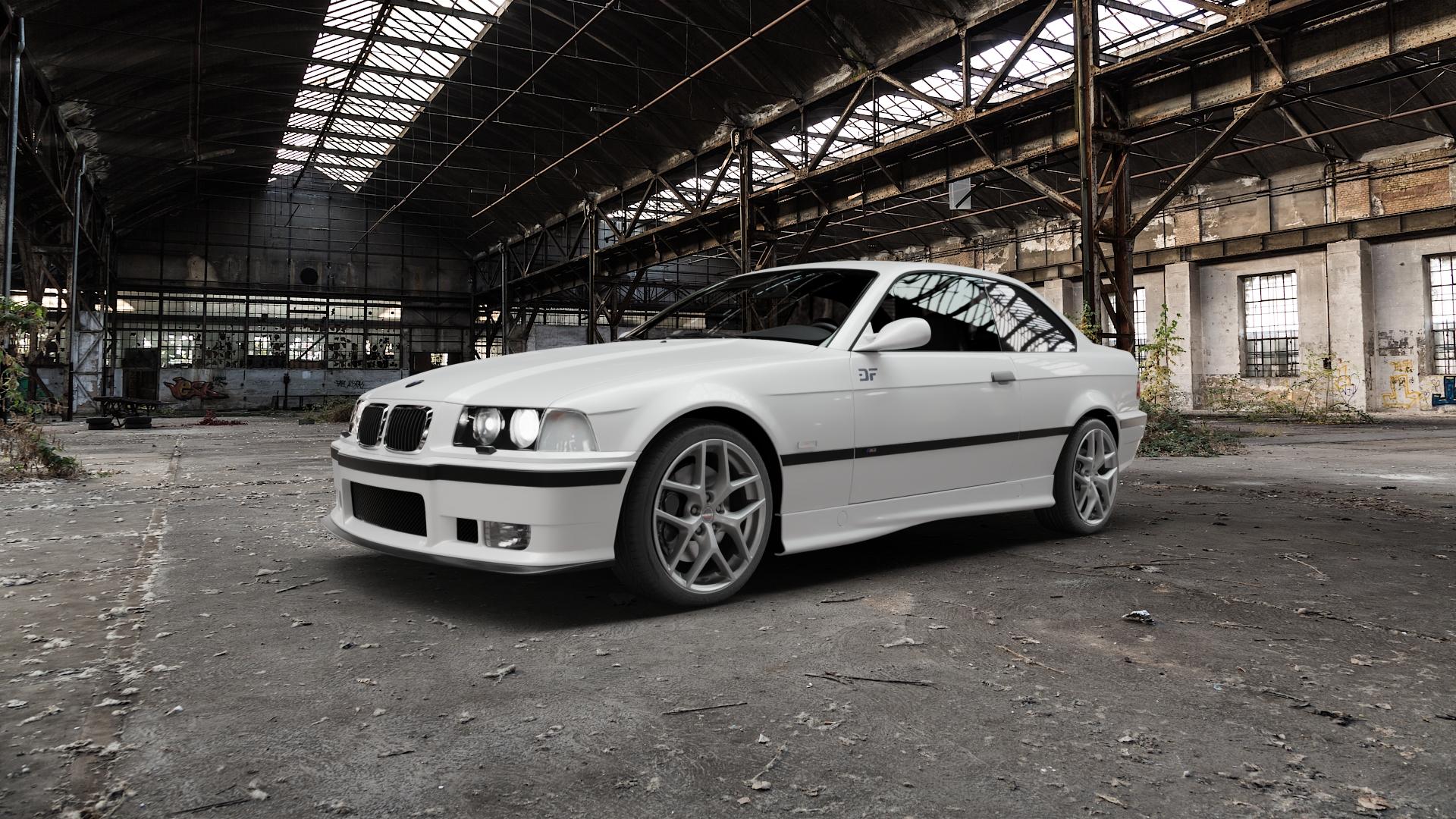 Borbet Y titan matt Felge mit Reifen grau in 18Zoll Winterfelge Alufelge auf weissem BMW M3 Typ E36 (Coupé) ⬇️ mit 15mm Tieferlegung ⬇️ Old Industrial Hall_max5000mm_2022 Frontansicht_1
