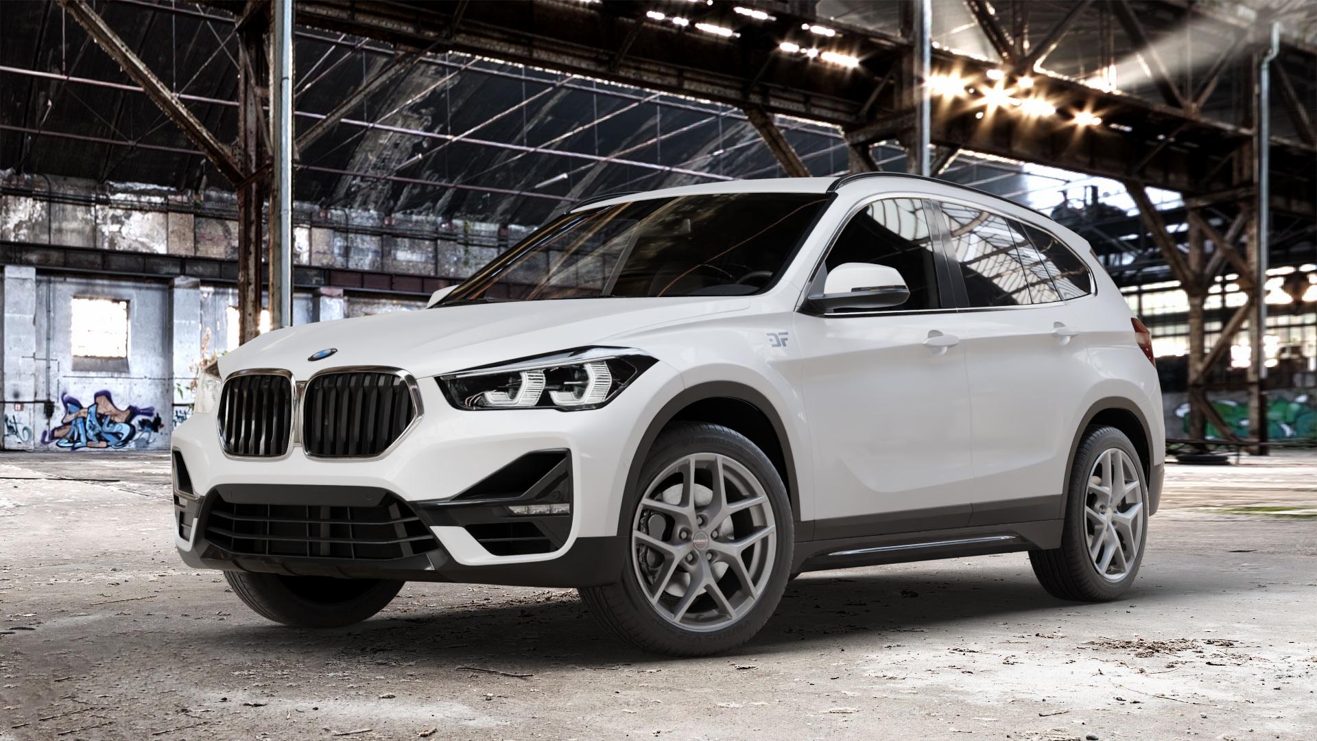 Borbet Y titan matt Felge mit Reifen grau in 18Zoll Winterfelge Alufelge auf weissem BMW X1 Typ F48 (F1X) Facelift ⬇️ mit 15mm Tieferlegung ⬇️ Old Industrial Hall_max_4400mm_2024 Frontansicht_1