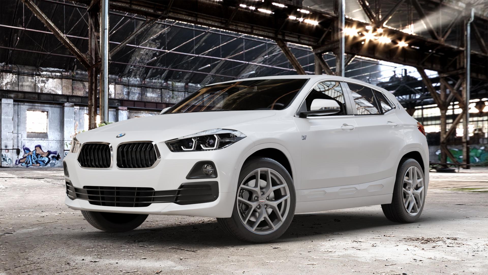 Borbet Y titan matt Felge mit Reifen grau in 18Zoll Winterfelge Alufelge auf weissem BMW X2 Typ F39 (F2X) ⬇️ mit 15mm Tieferlegung ⬇️ Old Industrial Hall_max_4400mm_2024 Frontansicht_1