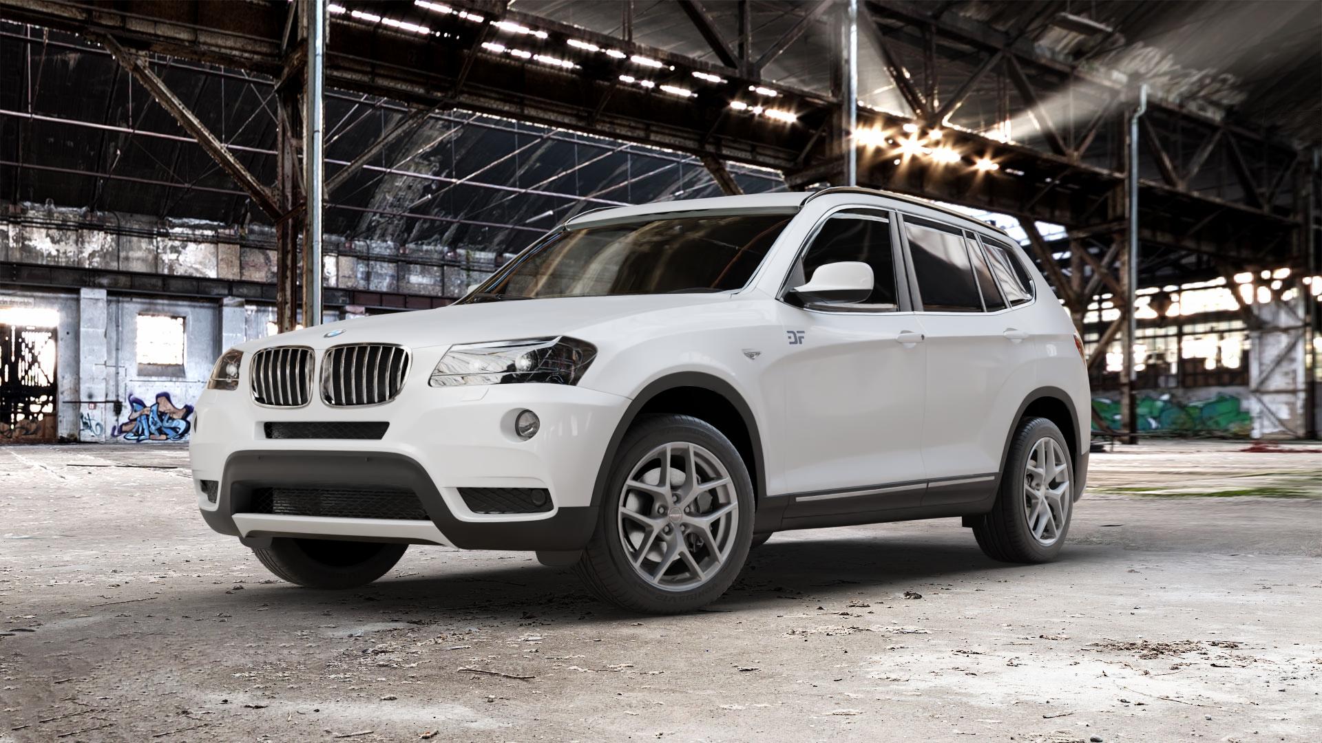 Borbet Y titan matt Felge mit Reifen grau in 18Zoll Winterfelge Alufelge auf weissem BMW X3 Typ F25 (X3, X-N1) ⬇️ mit 15mm Tieferlegung ⬇️ Old Industrial Hall_max_5300mm_2024 Frontansicht_1