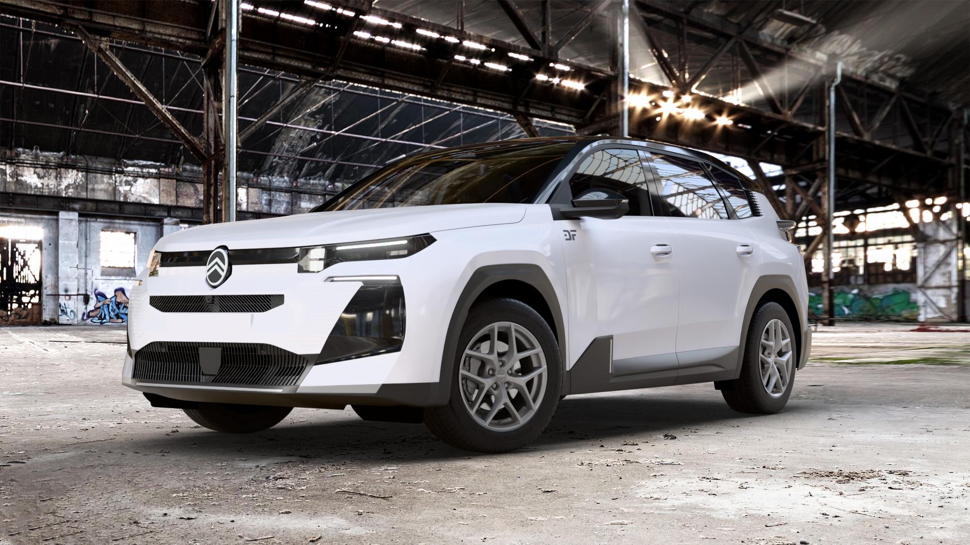 Borbet Y titan matt Felge mit Reifen grau in 18Zoll Winterfelge Alufelge auf weissem Citroen C5 Aircross Typ K 1,2l 100kW Mild-Hybrid (136 PS) 1,6l 110kW Plug-In-Hybrid (150 0,0l 105kW eC5 (143 104kW (141 ⬇️ mit 15mm Tieferlegung ⬇️ Old Industrial Hall_max_5300mm_2024 Frontansicht_1