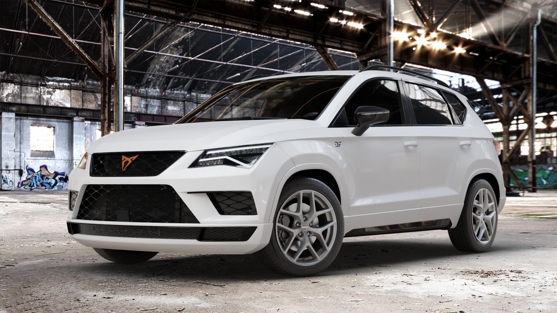 Borbet Y titan matt Felge mit Reifen grau in 18Zoll Winterfelge Alufelge auf weissem Cupra Ateca Typ 5FP 2,0l TFSI 4Drive 221kW (300 PS) ⬇️ mit 15mm Tieferlegung ⬇️ Old Industrial Hall_max_4400mm_2024 Frontansicht_1