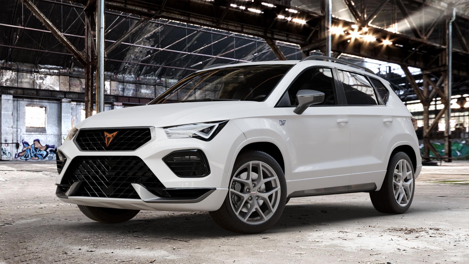 Borbet Y titan matt Felge mit Reifen grau in 18Zoll Winterfelge Alufelge auf weissem Cupra Ateca Typ 5FP Facelift ⬇️ mit 15mm Tieferlegung ⬇️ Old Industrial Hall_max_4400mm_2024 Frontansicht_1