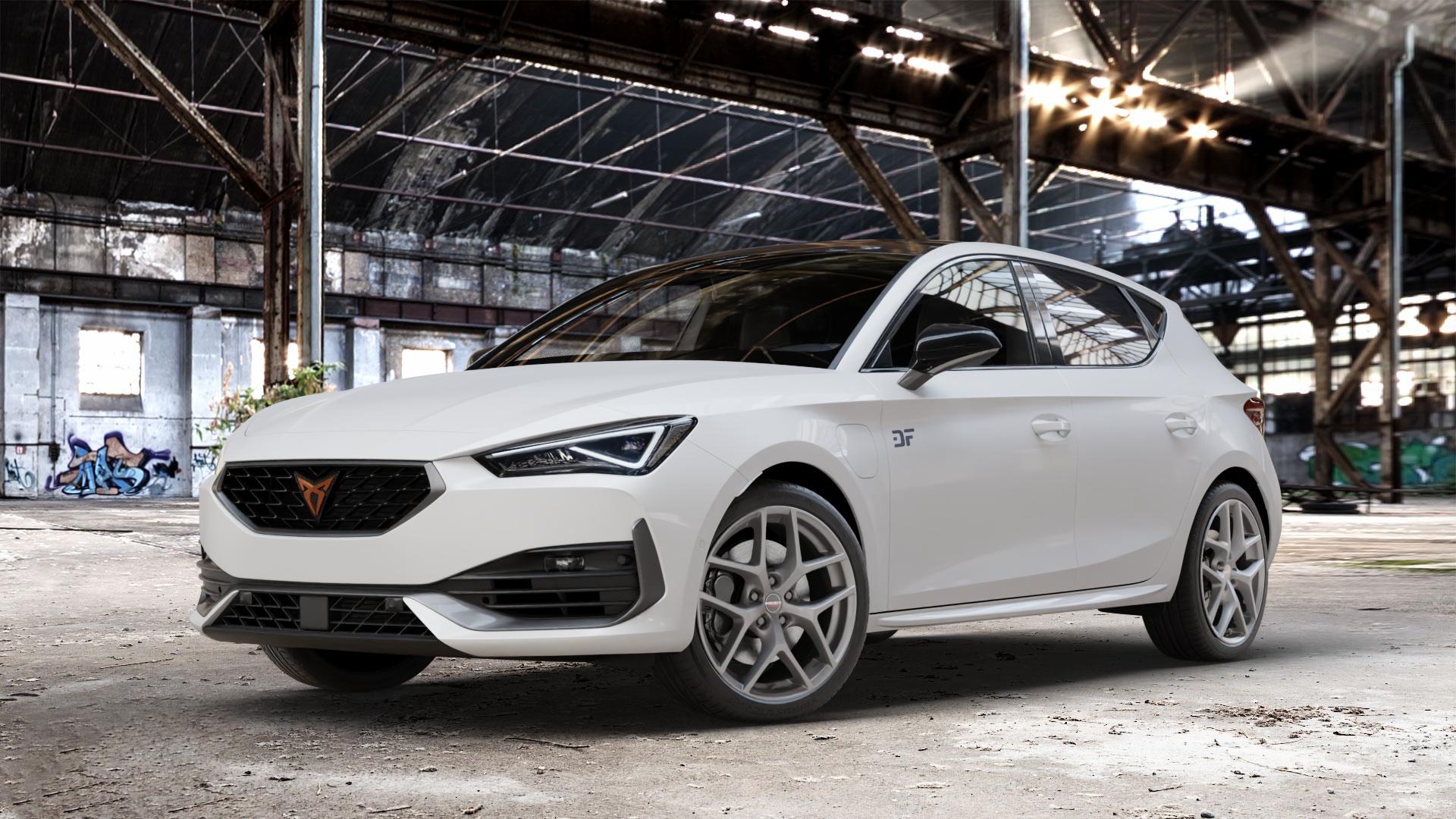 Borbet Y titan matt Felge mit Reifen grau in 18Zoll Winterfelge Alufelge auf weissem Cupra Leon Typ KL ⬇️ mit 15mm Tieferlegung ⬇️ Old Industrial Hall_max_4400mm_2024 Frontansicht_1