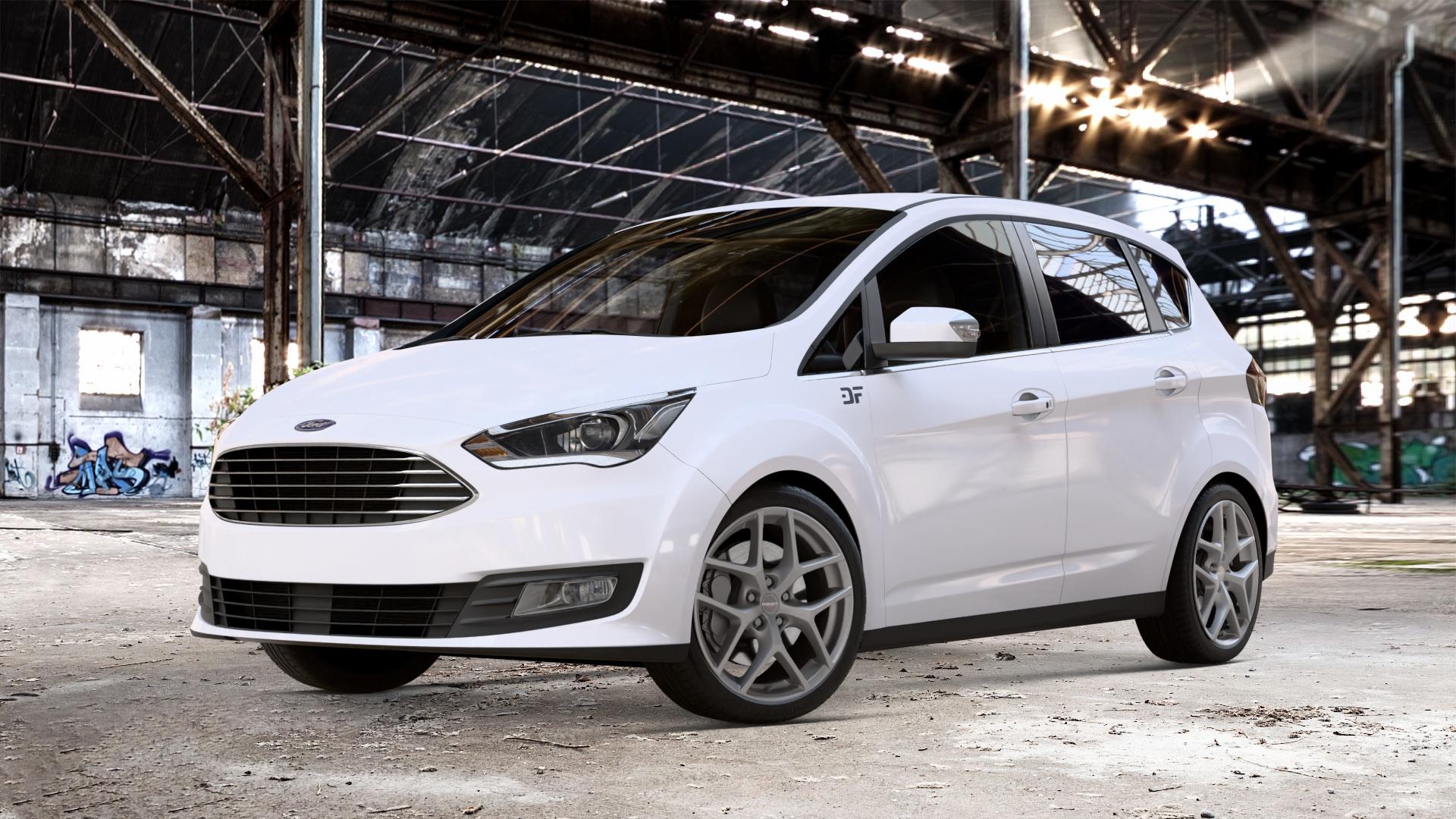Borbet Y titan matt Felge mit Reifen grau in 18Zoll Winterfelge Alufelge auf weissem Ford C-Max II Typ DXA Facelift (15->) ⬇️ mit 15mm Tieferlegung ⬇️ Old Industrial Hall_max_4400mm_2024 Frontansicht_1