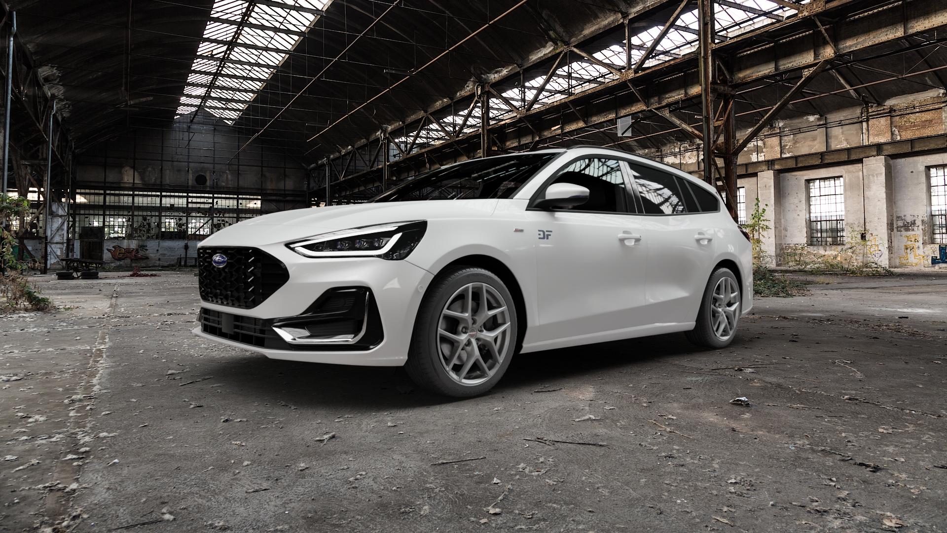 Borbet Y titan matt Felge mit Reifen grau in 18Zoll Winterfelge Alufelge auf weissem Ford Focus IV Typ DEH Facelift (Turnier) ⬇️ mit 15mm Tieferlegung ⬇️ Old Industrial Hall_max5000mm_2022 Frontansicht_1