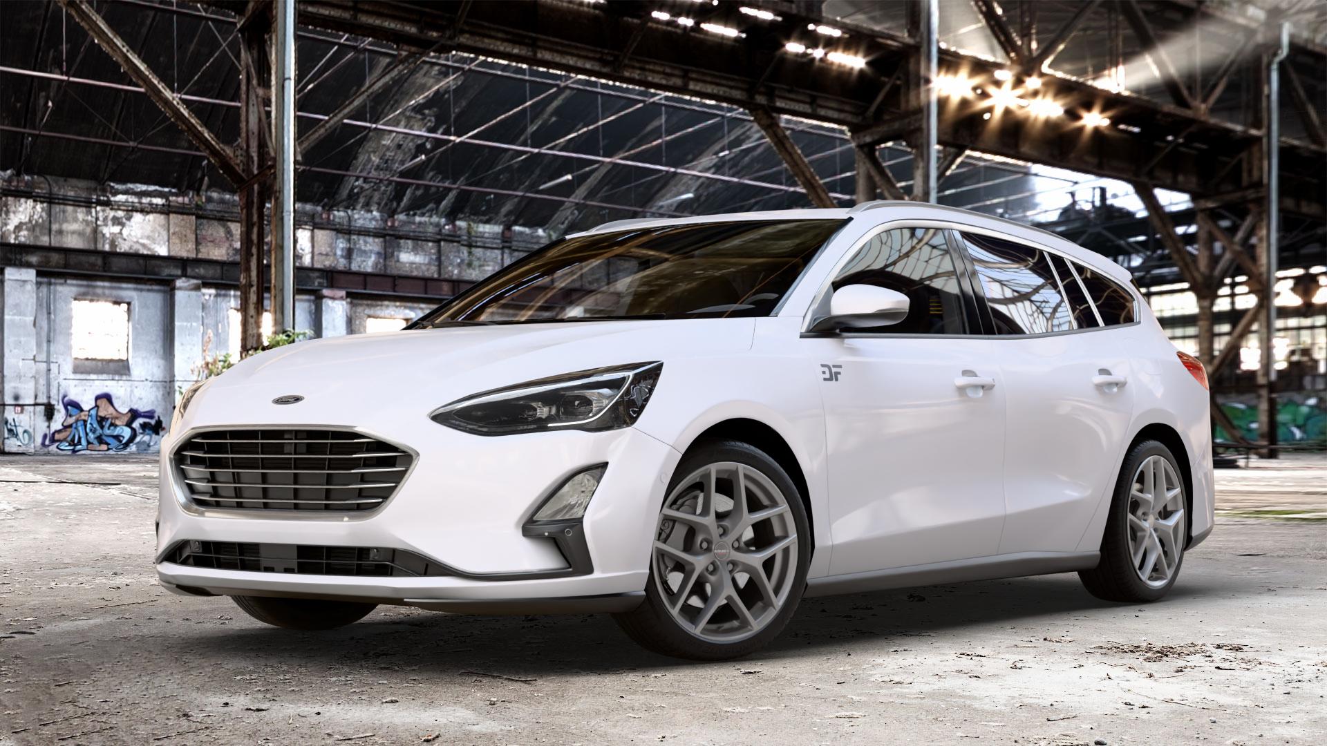 Borbet Y titan matt Felge mit Reifen grau in 18Zoll Winterfelge Alufelge auf weissem Ford Focus IV Typ DEH (Turnier) ⬇️ mit 15mm Tieferlegung ⬇️ Old Industrial Hall_max_4400mm_2024 Frontansicht_1