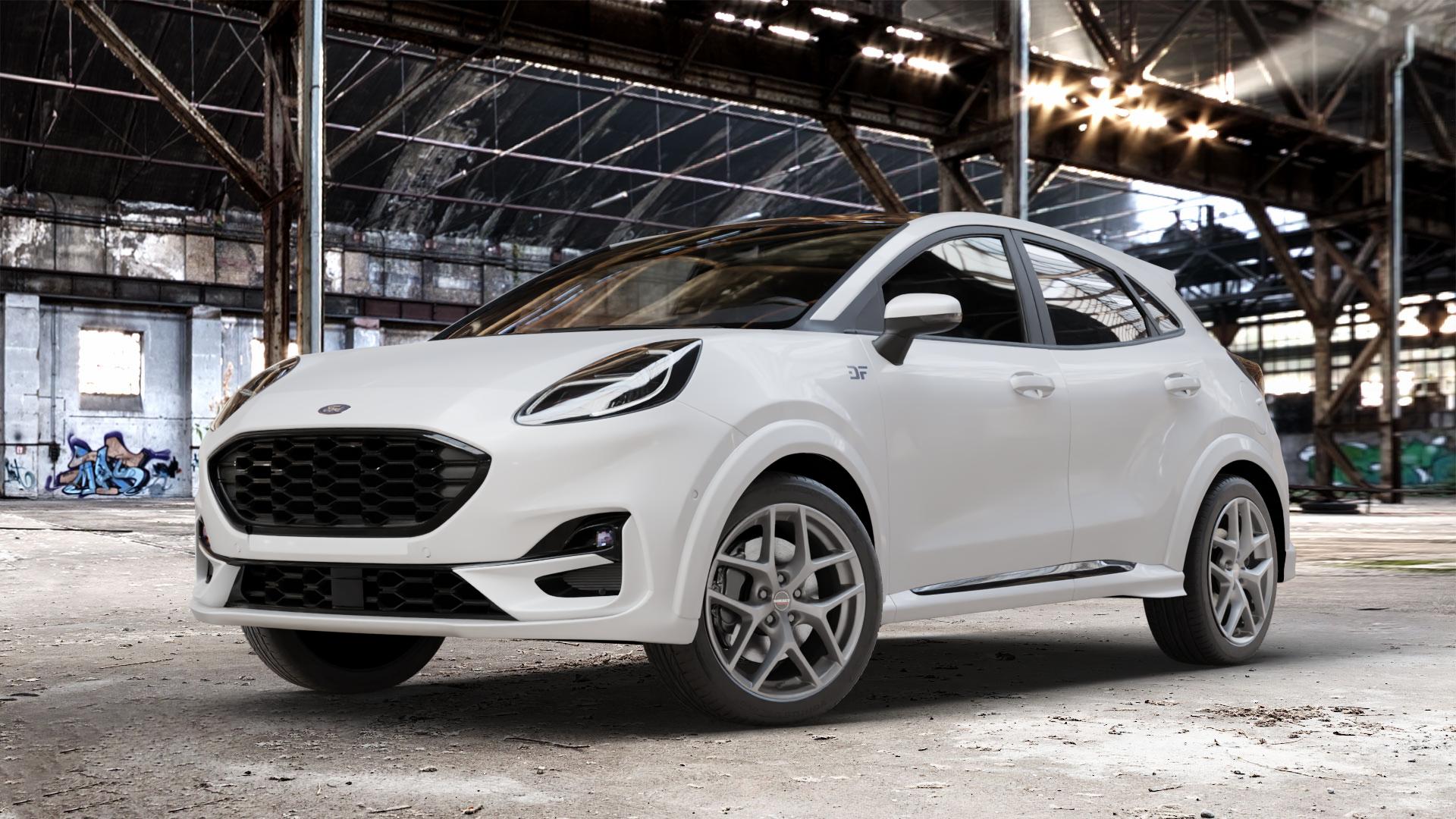 Borbet Y titan matt Felge mit Reifen grau in 18Zoll Winterfelge Alufelge auf weissem Ford Puma II Typ J2K 1,0l EcoBoost 114kW Mild-Hybrid (155 PS) 70kW (95 92kW (125 Facelift ⬇️ mit 15mm Tieferlegung ⬇️ Old Industrial Hall_max_4400mm_2024 Frontansicht_1