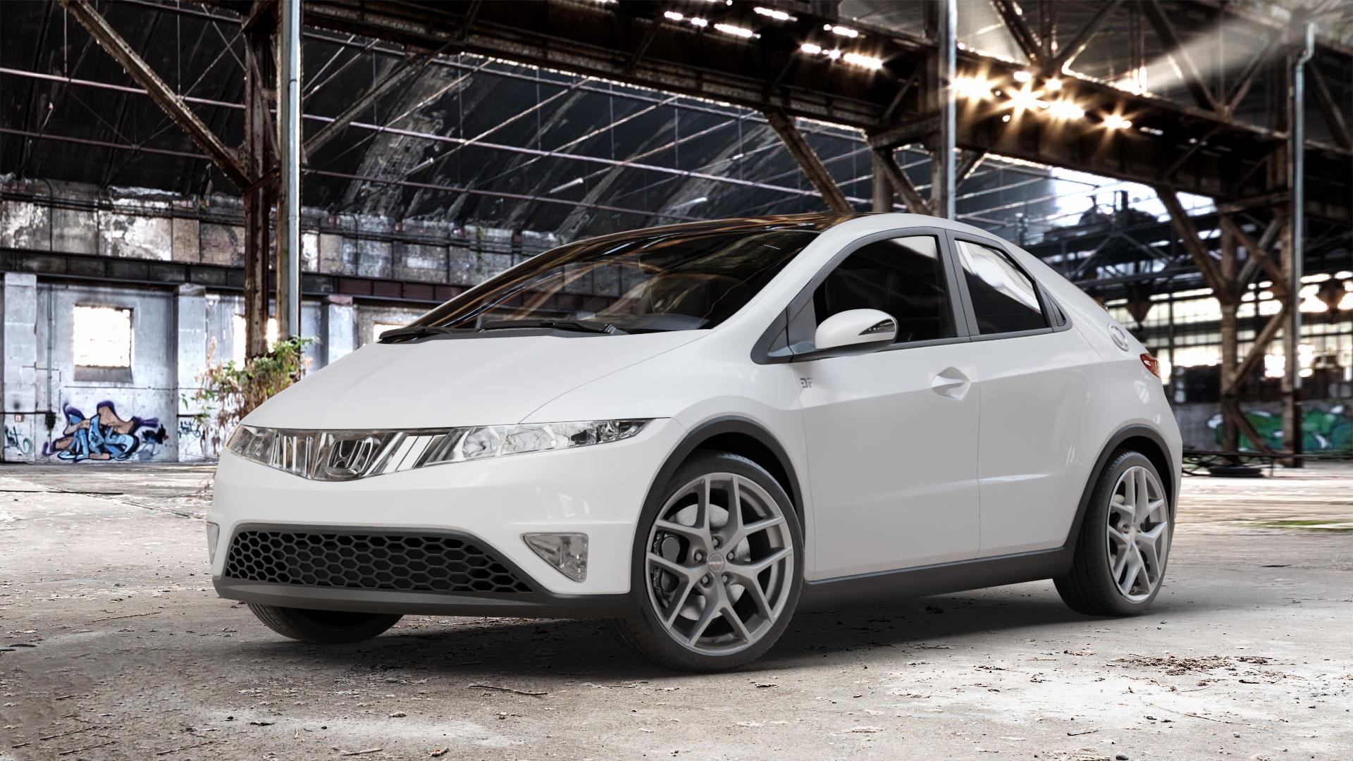 Borbet Y titan matt Felge mit Reifen grau in 18Zoll Winterfelge Alufelge auf weissem Honda Civic 8 Fünftürer (FK) ⬇️ mit 15mm Tieferlegung ⬇️ Old Industrial Hall_max_4400mm_2024 Frontansicht_1