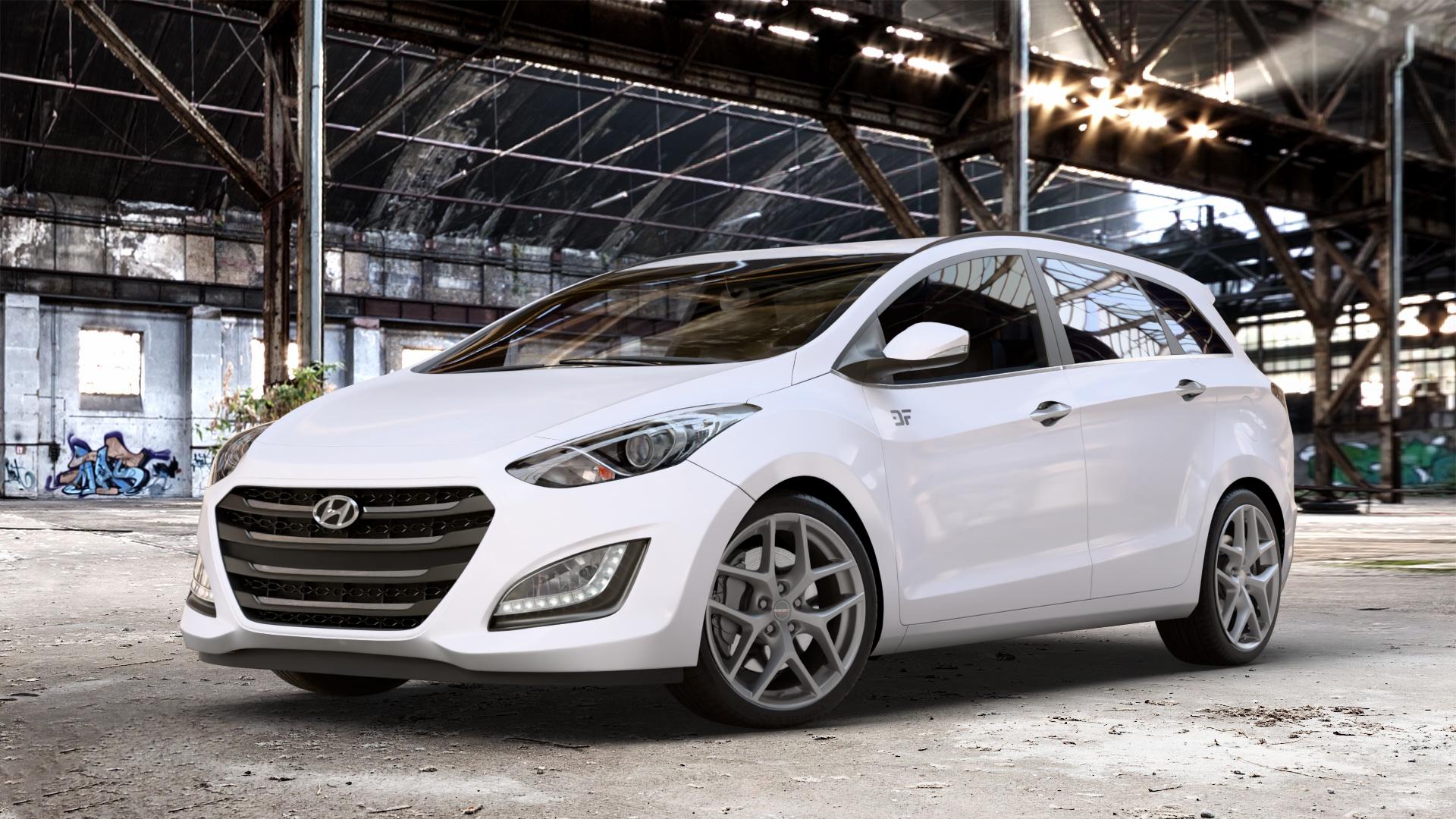 Borbet Y titan matt Felge mit Reifen grau in 18Zoll Winterfelge Alufelge auf weissem Hyundai i30 Typ FDH Kombi GDH Facelift ⬇️ mit 15mm Tieferlegung ⬇️ Old Industrial Hall_max_4400mm_2024 Frontansicht_1