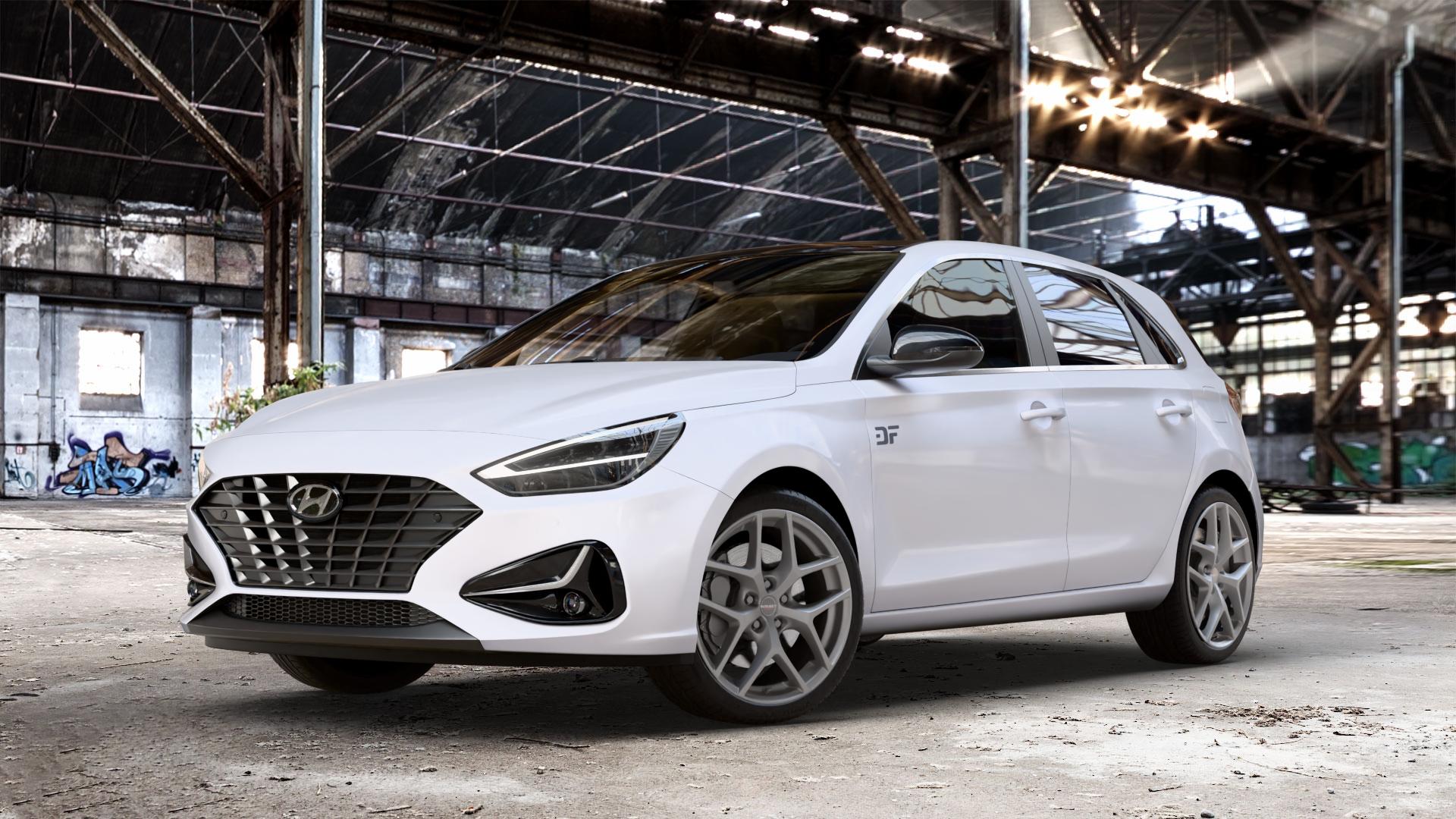 Borbet Y titan matt Felge mit Reifen grau in 18Zoll Winterfelge Alufelge auf weissem Hyundai i30 Typ PDE Facelift 1,0l T-GDI 88kW Mild-Hybrid (120 PS) 1,5l 117kW (159 81kW (110 1,6l CRDi 85kW (116 100kW (136 II ⬇️ mit 15mm Tieferlegung ⬇️ Old Industrial Hall_max_4400mm_2024 Frontansicht_1