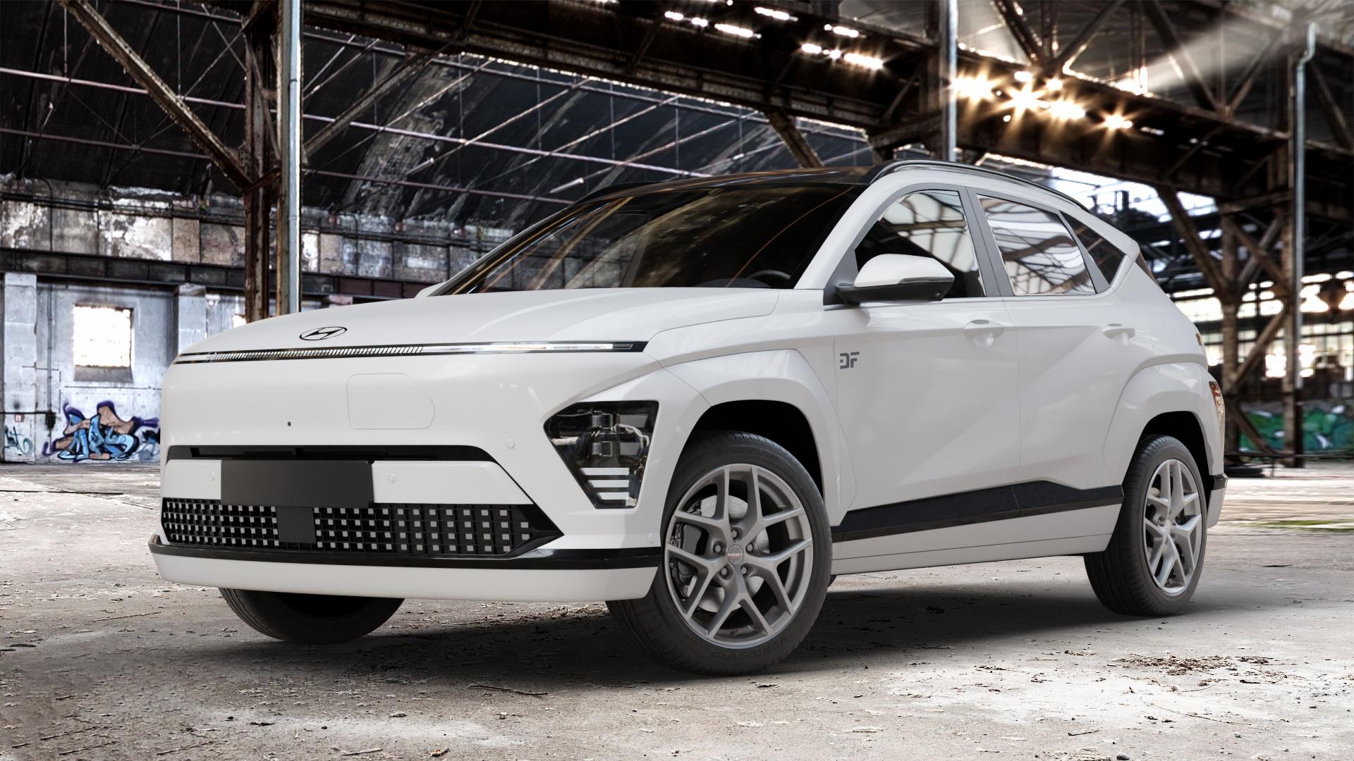 Borbet Y titan matt Felge mit Reifen grau in 18Zoll Winterfelge Alufelge auf weissem Hyundai Kona Elektro Typ SX2E ⬇️ mit 15mm Tieferlegung ⬇️ Old Industrial Hall_max_4400mm_2024 Frontansicht_1