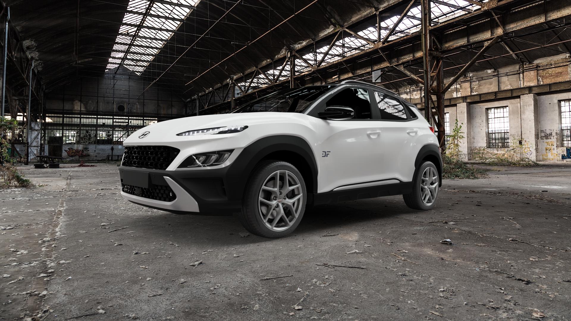 Borbet Y titan matt Felge mit Reifen grau in 18Zoll Winterfelge Alufelge auf weissem Hyundai Kona Typ OS Facelift 1,0l T-GDI 88kW Mild-Hybrid (120 PS) 1,6l CRDi 100kW (136 AWD 146kW (199 Hybrid 77kW (105 ⬇️ mit 15mm Tieferlegung ⬇️ Old Industrial Hall_max5000mm_2022 Frontansicht_1