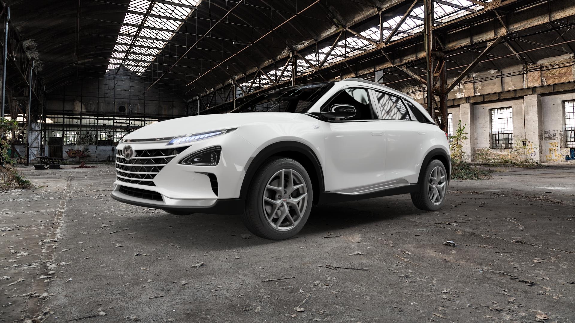 Borbet Y titan matt Felge mit Reifen grau in 18Zoll Winterfelge Alufelge auf weissem Hyundai Nexo Typ FE ⬇️ mit 15mm Tieferlegung ⬇️ Old Industrial Hall_max5000mm_2022 Frontansicht_1