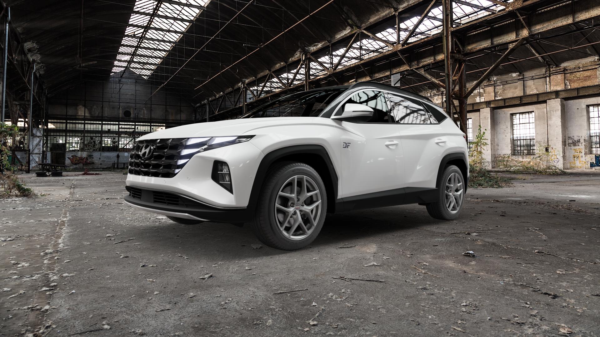 Borbet Y titan matt Felge mit Reifen grau in 18Zoll Winterfelge Alufelge auf weissem Hyundai Tucson III Typ NX4e ⬇️ mit 15mm Tieferlegung ⬇️ Old Industrial Hall_max5000mm_2022 Frontansicht_1